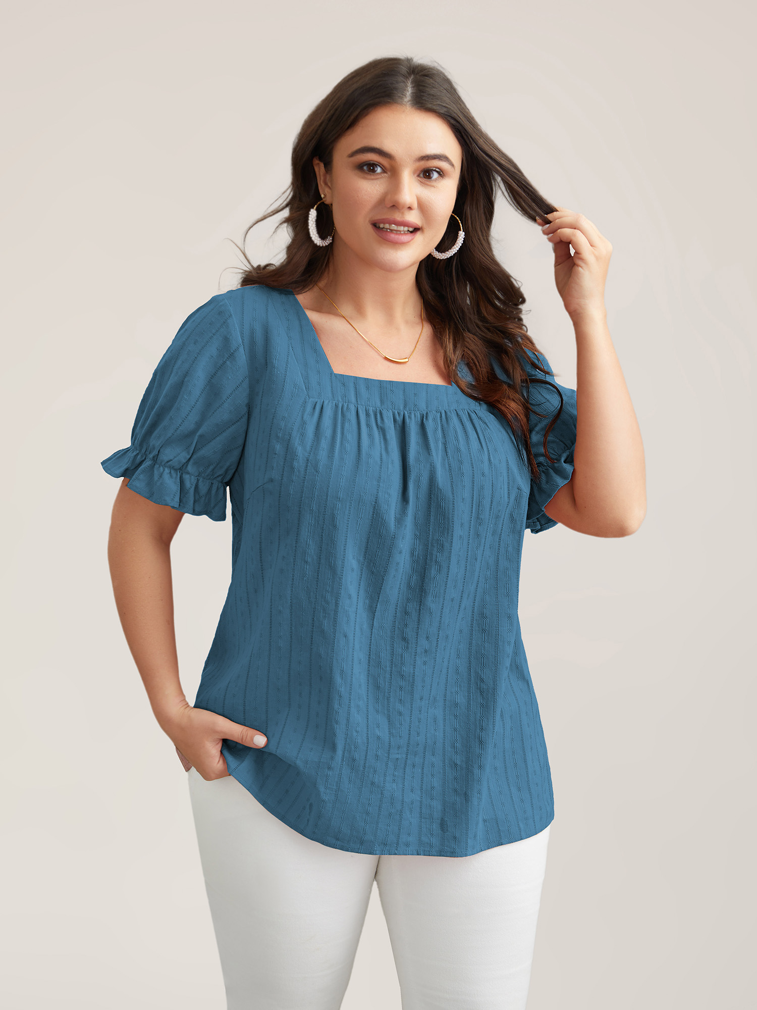 

Plus Size Aegean Cotton Square Neck Ruffled Sleeve Shirt Women Elegant Short sleeve Square Neck Everyday Blouses BloomChic