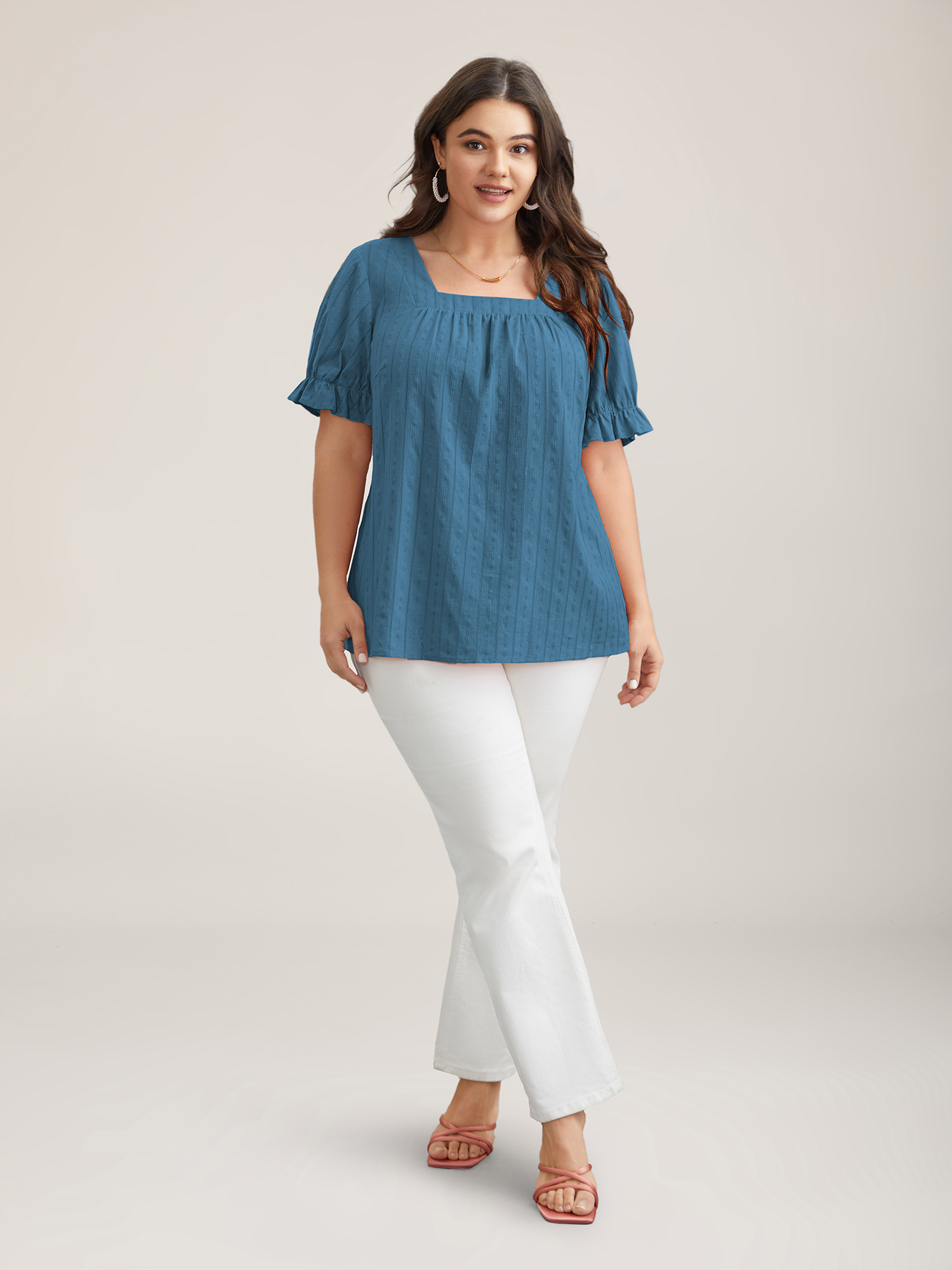 Plus Size Aegean Cotton Square Neck Ruffled Sleeve Shirt Women Elegant Short sleeve Square Neck Everyday Blouses BloomChic 10/M 