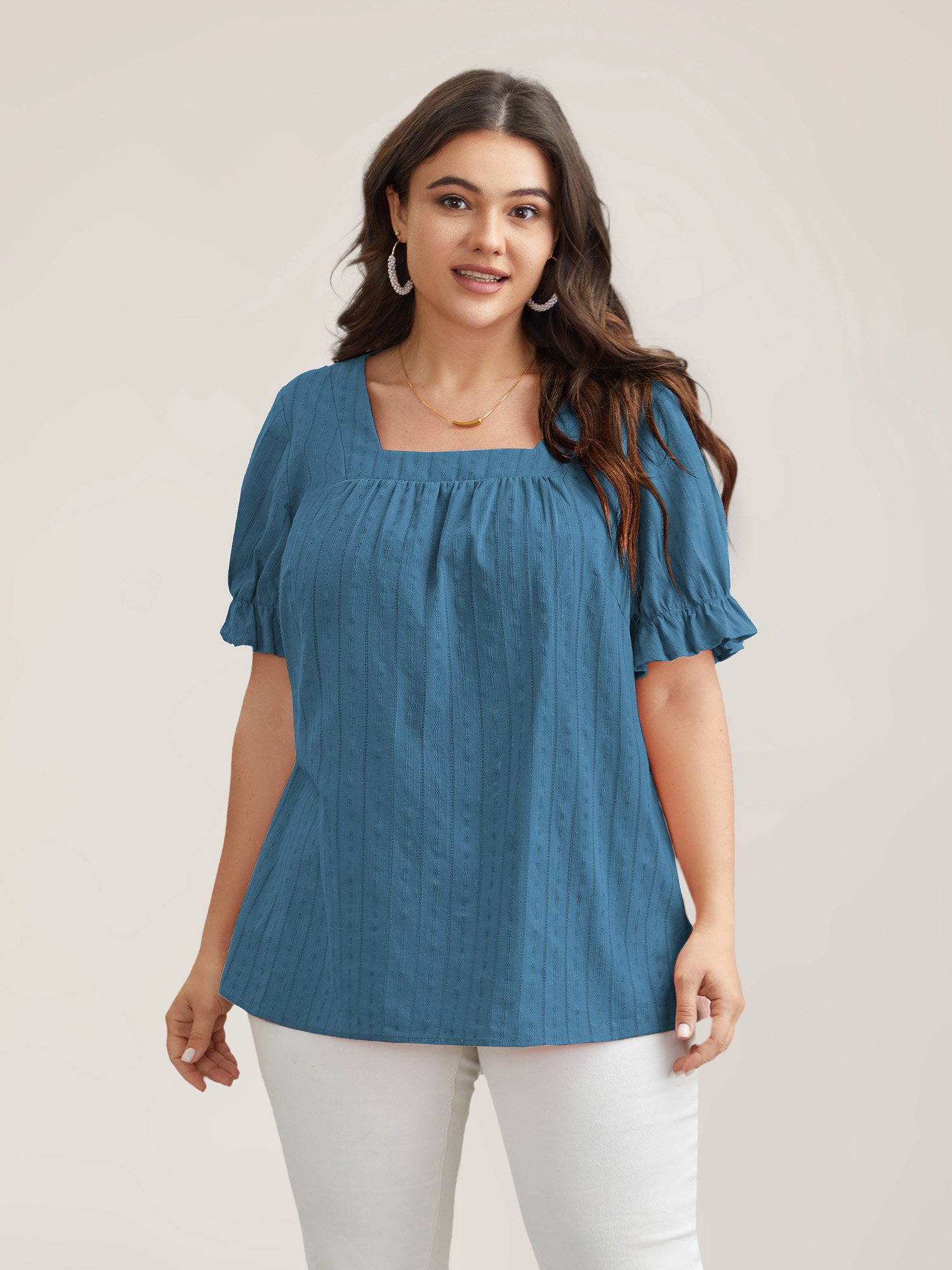 Plus Size Aegean Cotton Square Neck Ruffled Sleeve Shirt Women Elegant Short sleeve Square Neck Everyday Blouses BloomChic 10/M 