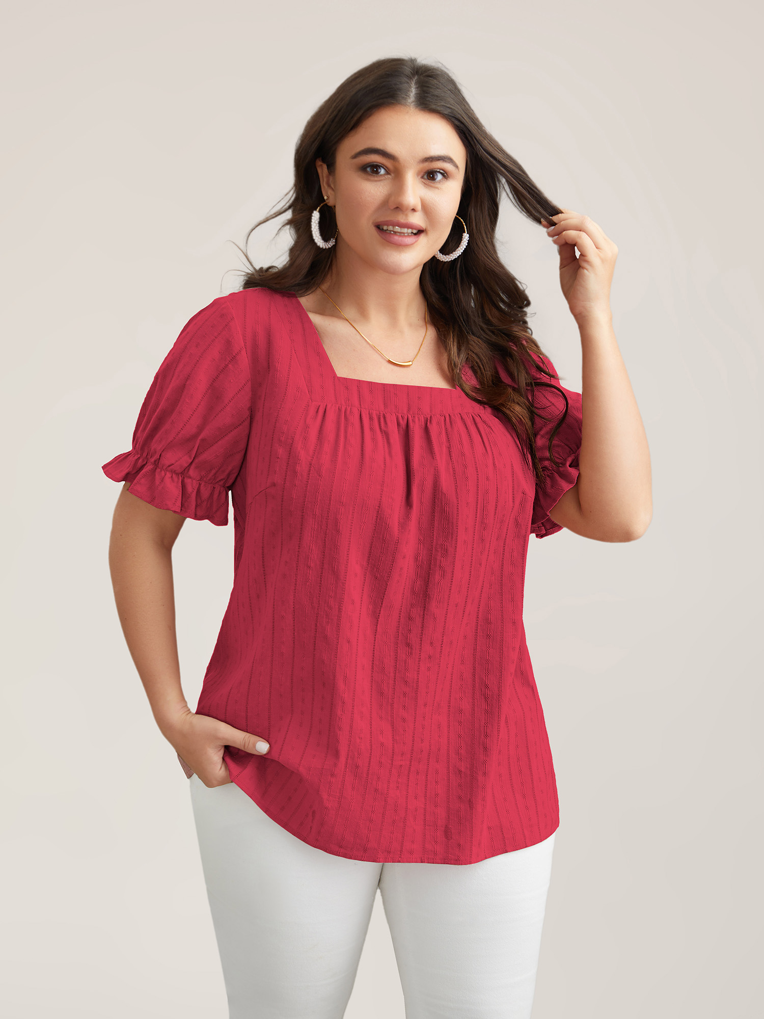 

Plus Size Crimson Cotton Square Neck Ruffled Sleeve Shirt Women Elegant Short sleeve Square Neck Everyday Blouses BloomChic