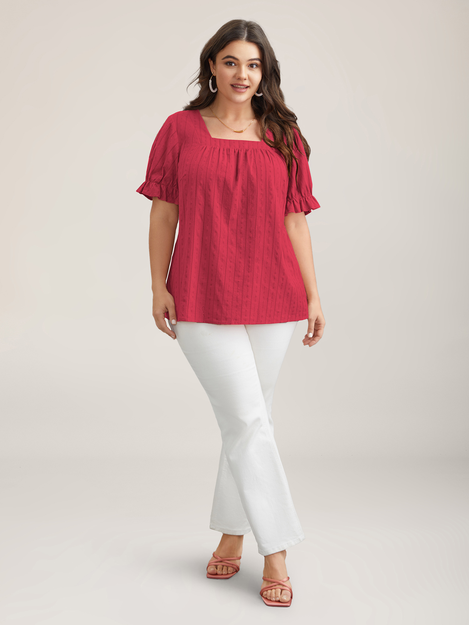 

Plus Size Crimson Cotton Square Neck Ruffled Sleeve Shirt Women Elegant Short sleeve Square Neck Everyday Blouses BloomChic