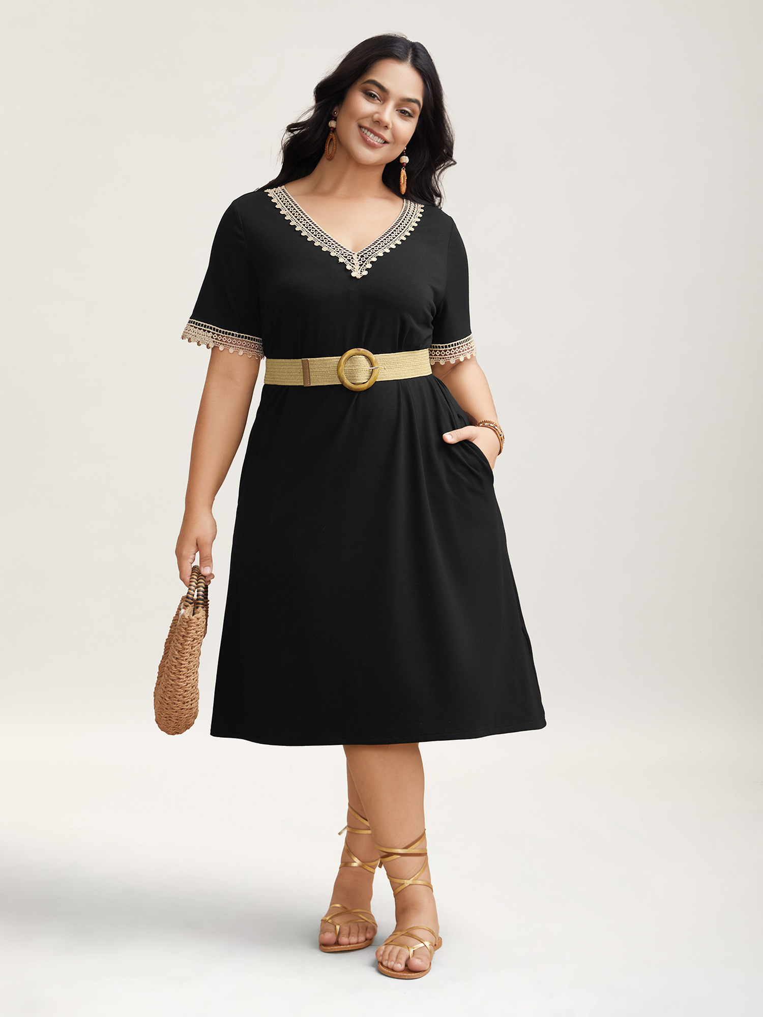 

Plus Size Super Soft V-Neck Lace Midi Dress Black Women Resort Woven ribbon&lace trim Knit Dresses Bloomchic