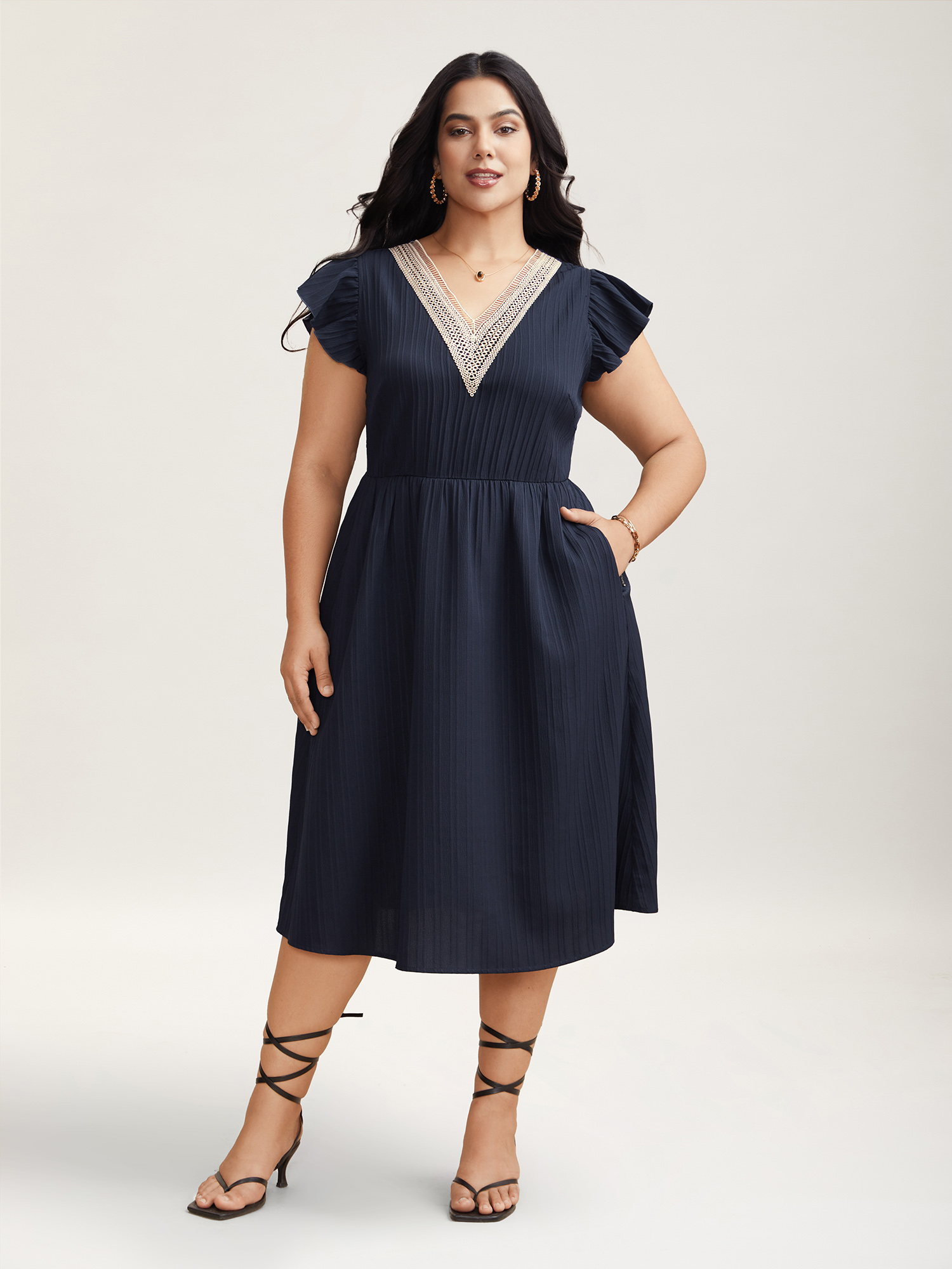 

Plus Size Textured Lace Neckline Ruffled Sleeve Dress Navy Women Elegant Woven ribbon&lace trim V-neck Short sleeve Curvy BloomChic