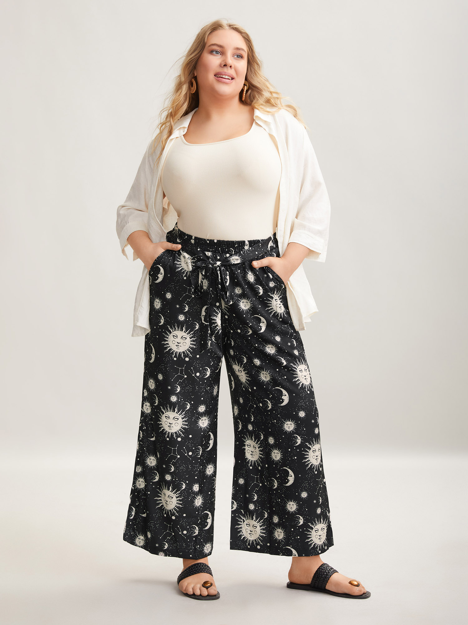 Plus Size Silhouette Floral Print Ties Side Seam Pocket Pants Women BlackFlower Elegant Wide Leg High Rise Everyday Pants BloomChic 18-20/2X 