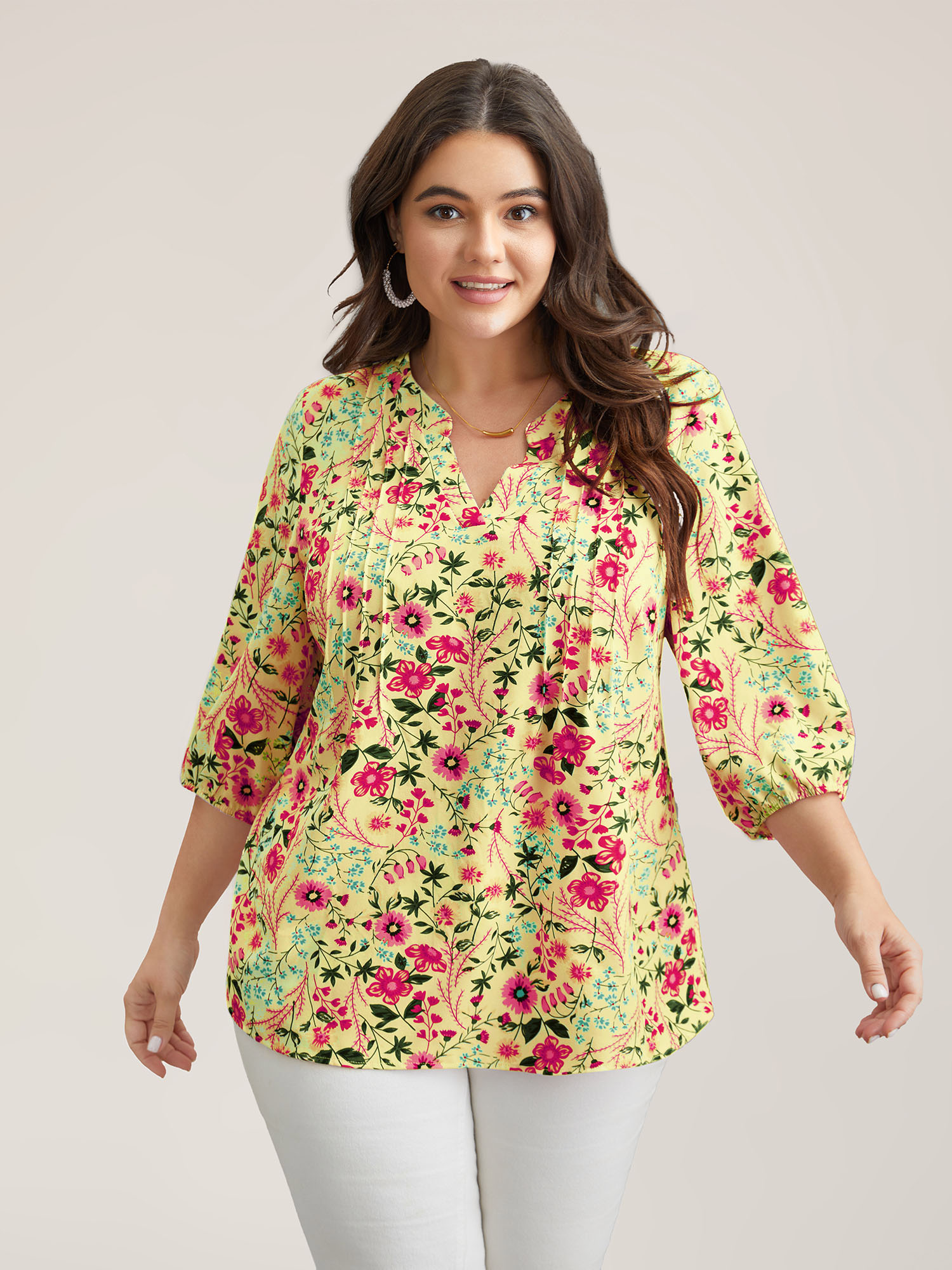 

Plus Size Lightyellow Floral Print Notched Collar Shirt Women Elegant Elbow-length sleeve Notched collar Everyday Blouses BloomChic