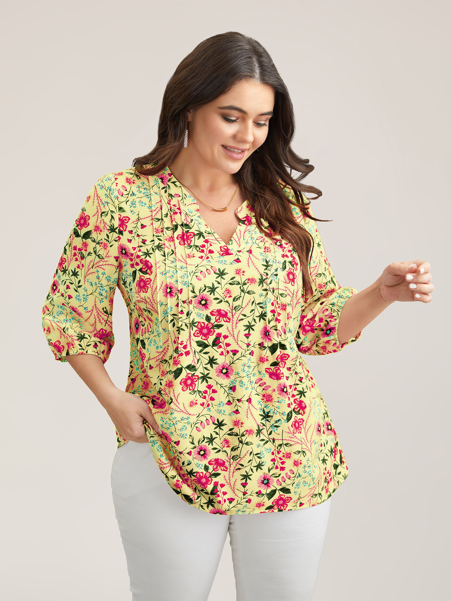 Plus Size Lightyellow Floral Print Notched Collar Shirt Women Elegant Elbow-length sleeve Notched collar Everyday Blouses BloomChic 12/L 