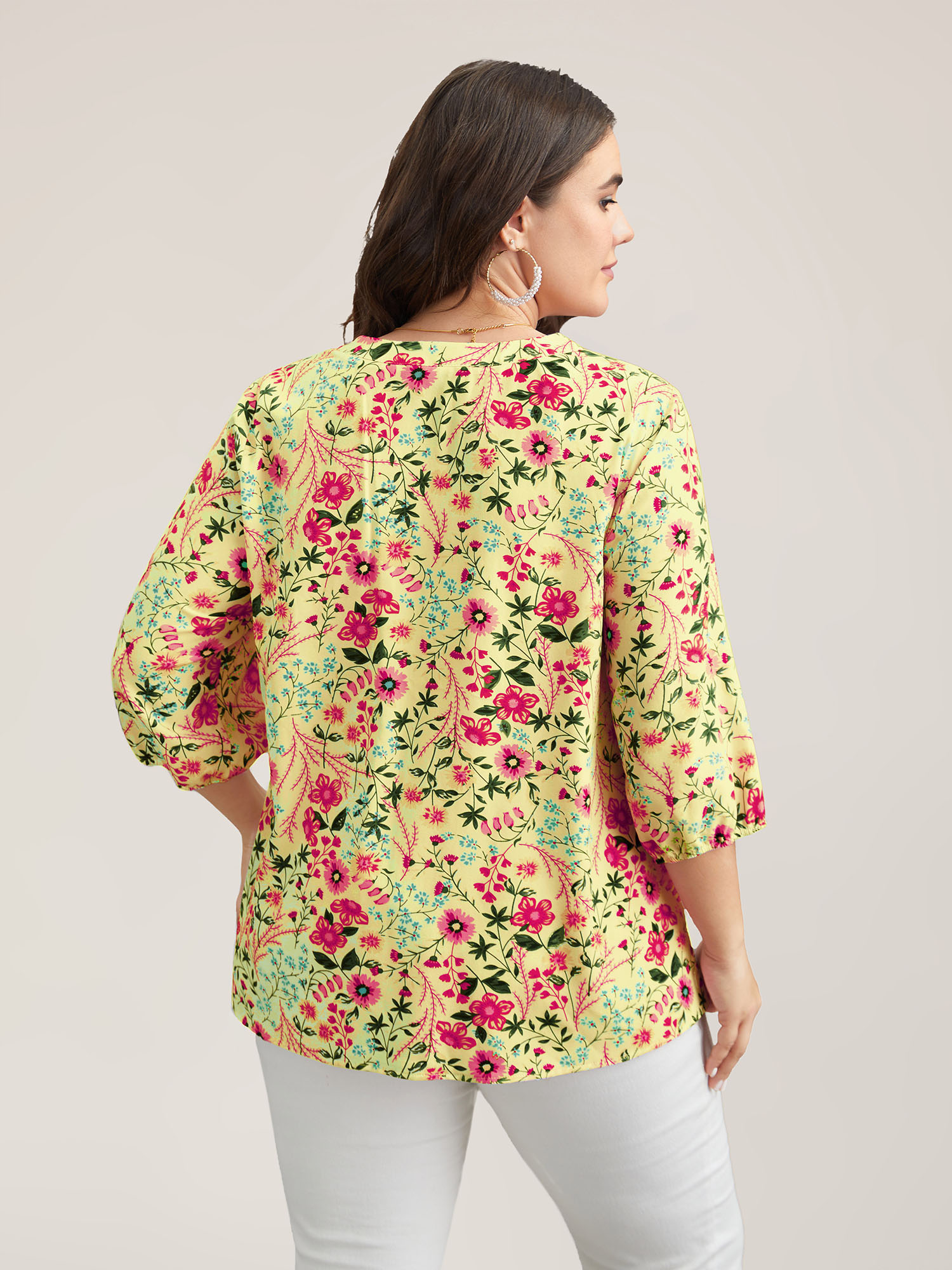 Plus Size Lightyellow Floral Print Notched Collar Shirt Women Elegant Elbow-length sleeve Notched collar Everyday Blouses BloomChic 12/L 