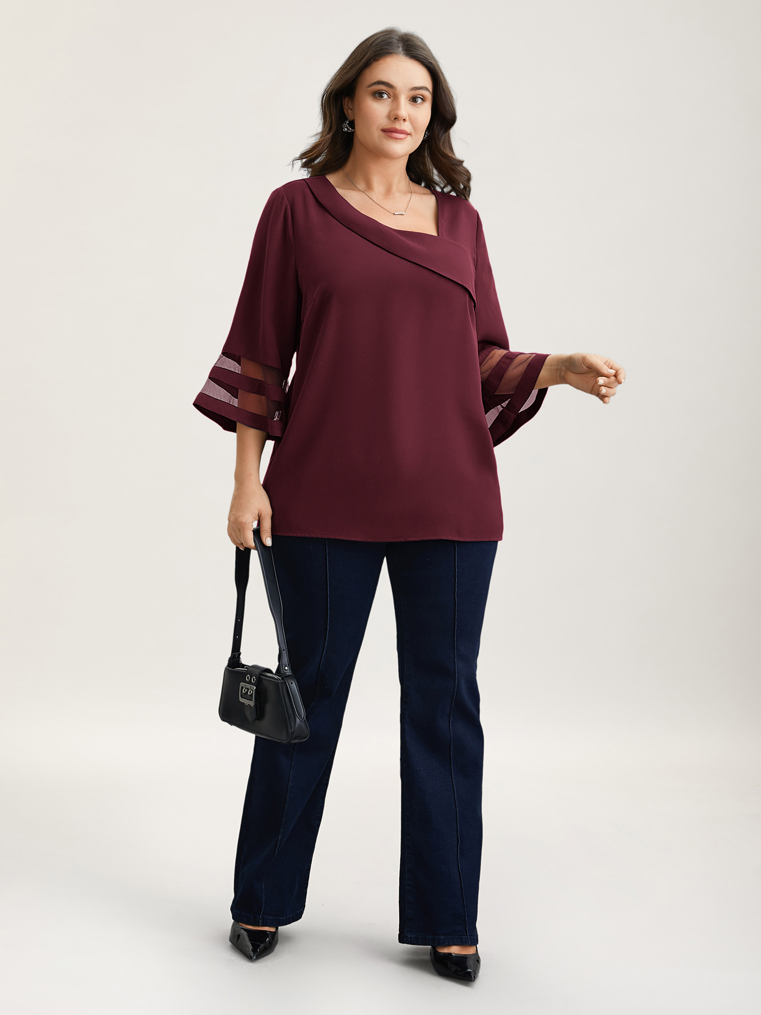 

Plus Size Burgundy Sheer Sleeve Patchwork Asymmetrical Neckline Blouse Women At the Office Elbow-length sleeve Asymmetrical Neck Work Blouses BloomChic