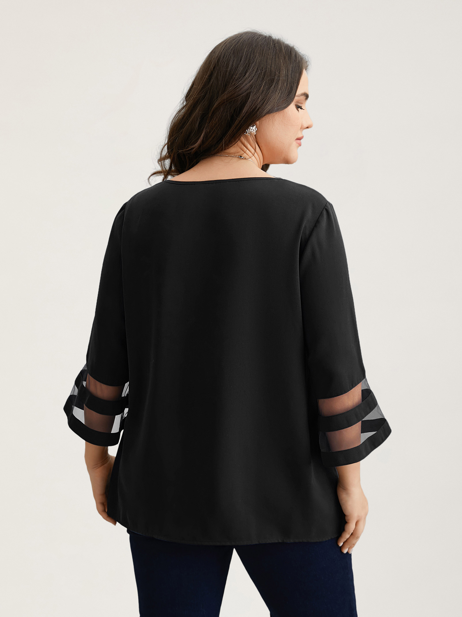 

Plus Size Black Sheer Sleeve Patchwork Asymmetrical Neckline Blouse Women At the Office Elbow-length sleeve Asymmetrical Neck Work Blouses BloomChic