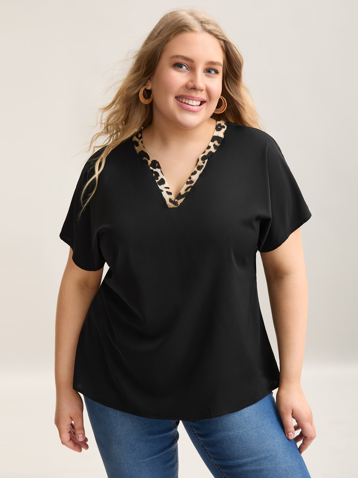 

Plus Size Black Leopard Print Spliced Plain Blouse Women Resort Sleeveless Non Vacation Blouses BloomChic