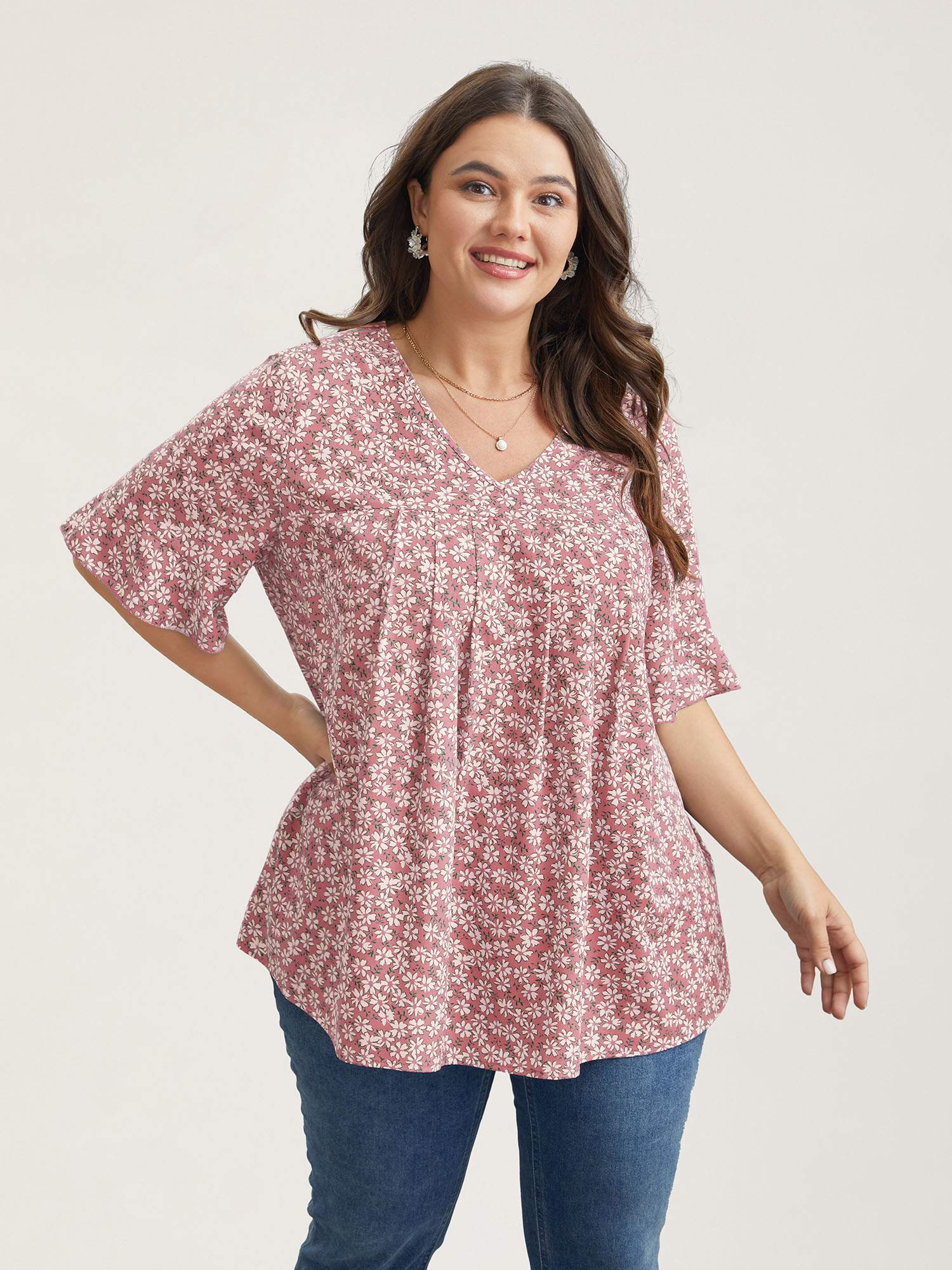 

Plus Size Blush Ditsy Floral Pleated Flared Sleeve Shirt Women Elegant Half Sleeve V-neck Everyday Blouses BloomChic