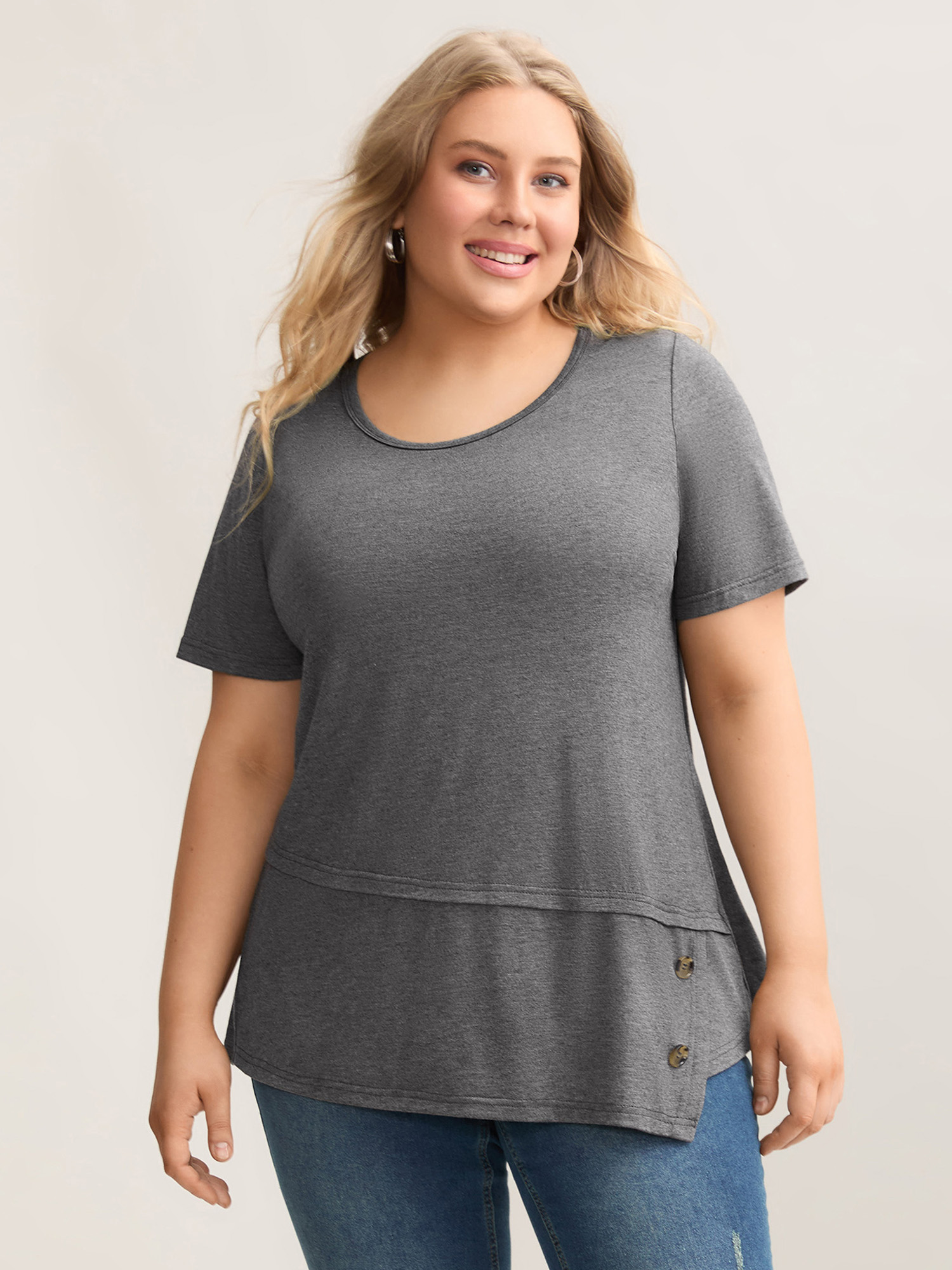 

Plus Size Asymmetrical Hem Buttons Plain Knit Top DimGray Round Neck Short sleeve Casual Jersey Tops