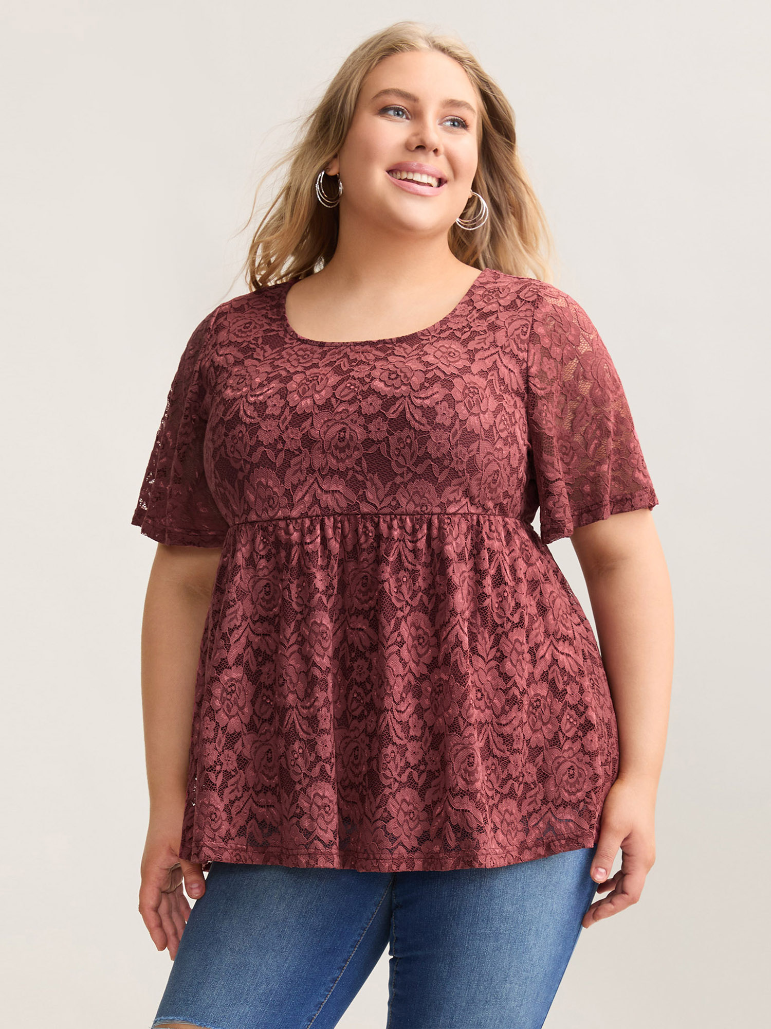 

Plus Size Lace Round Neck Babydoll Top Russet Women Casual Gathered Round Neck Bodycon Everyday T-shirts BloomChic