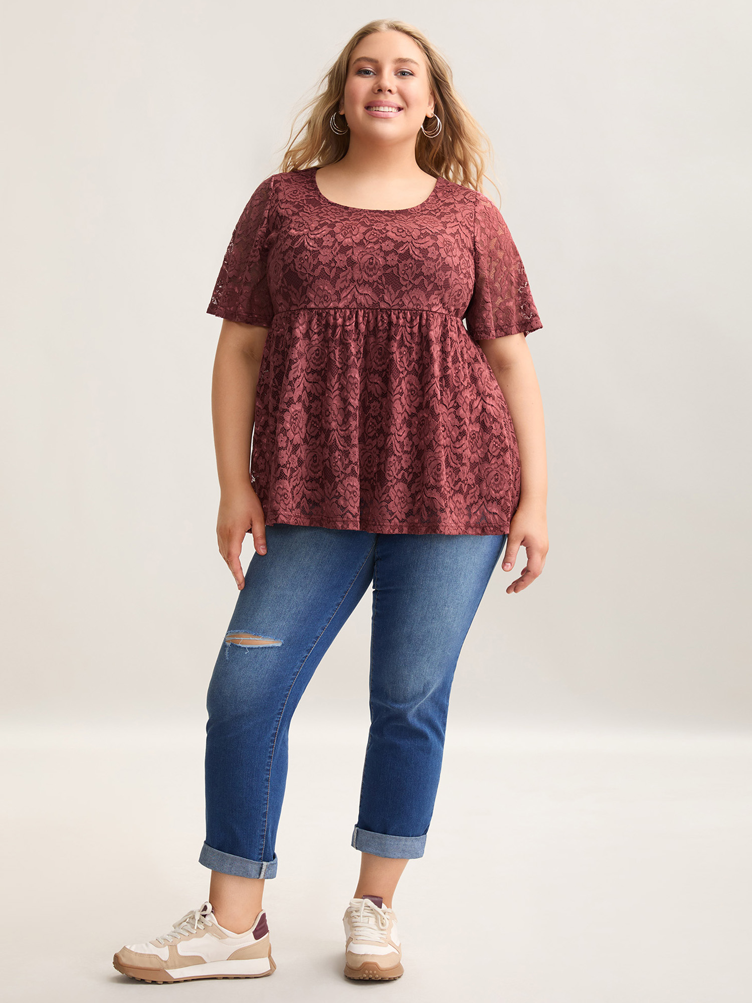Plus Size Lace Round Neck Babydoll Top Russet Women Casual Gathered Round Neck Bodycon Everyday T-shirts BloomChic 14-16/1X 