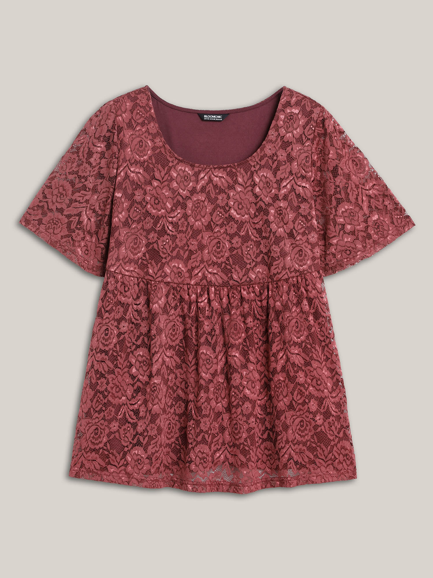 Plus Size Lace Round Neck Babydoll Top Russet Women Casual Gathered Round Neck Bodycon Everyday T-shirts BloomChic 14-16/1X 