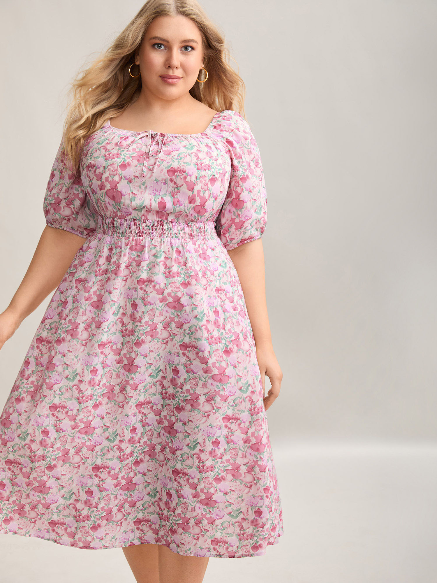 

Plus Size Floral Print Shirred Waist Pockets Midi Dress Blush Women Elegant Tie knot Square Neck Half Sleeve Curvy BloomChic