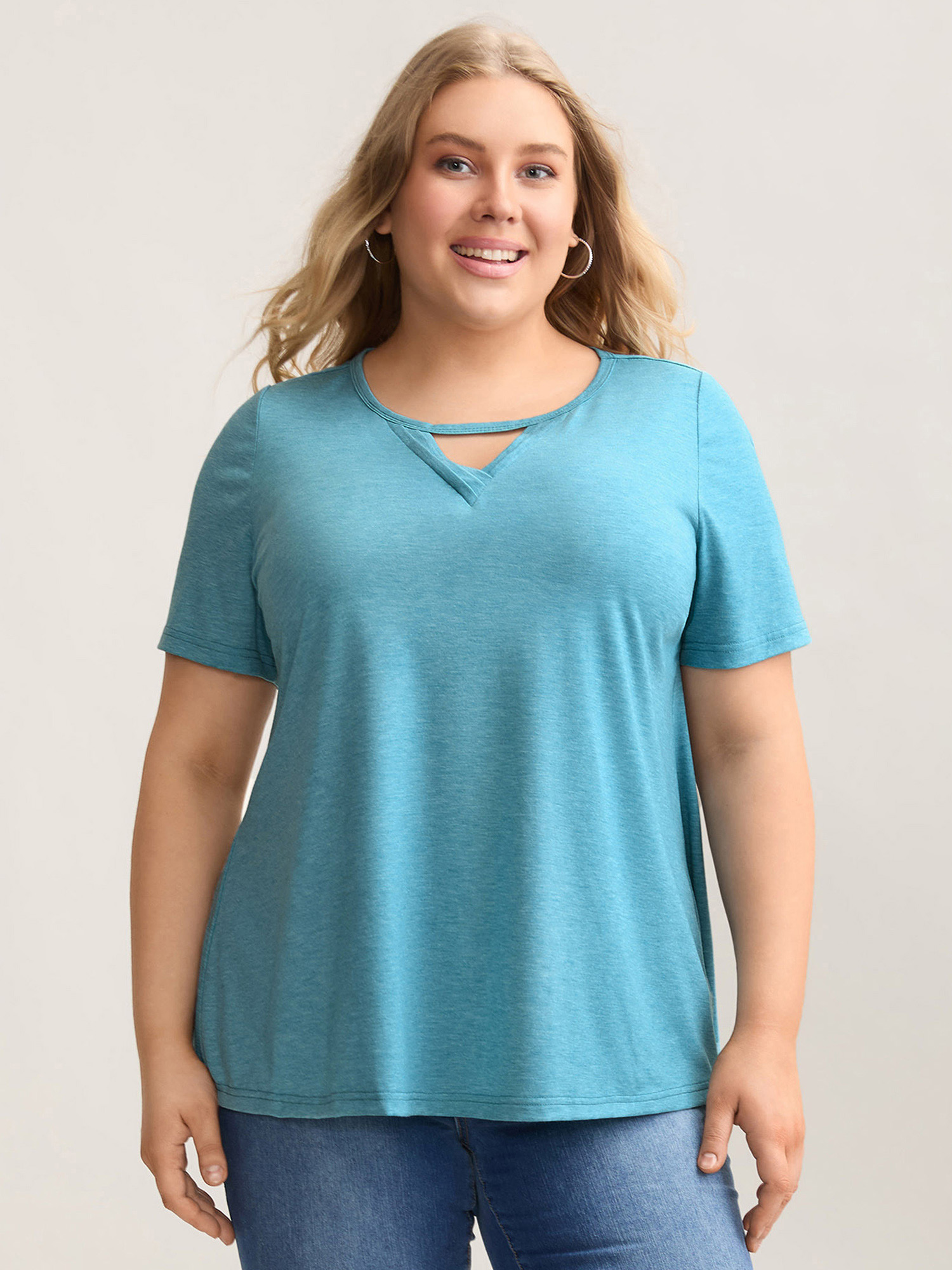 

Plus Size Heathered Split Neck Curvy-Fit T-Shirt Teal Women Casual Pleated Notched collar Everyday T-shirts BloomChic