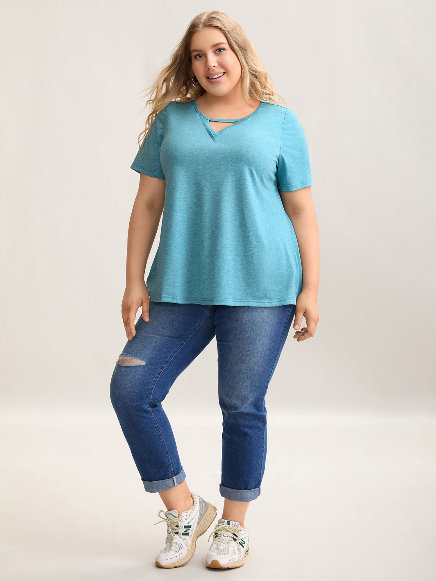 Plus Size Heathered Split Neck Curvy-Fit T-Shirt Teal Women Casual Pleated Notched collar Everyday T-shirts BloomChic 30/6X 
