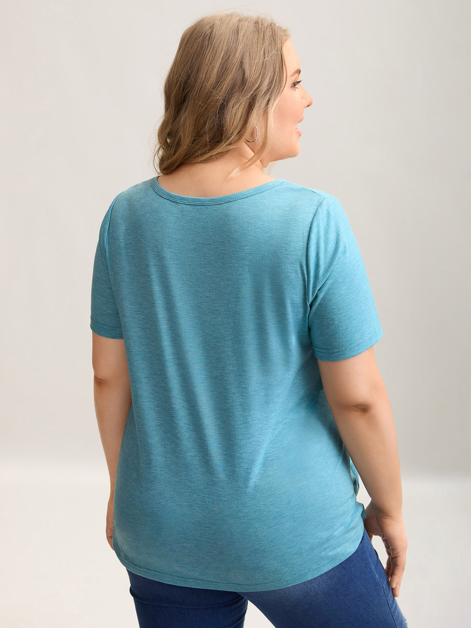 Plus Size Heathered Split Neck Curvy-Fit T-Shirt Teal Women Casual Pleated Notched collar Everyday T-shirts BloomChic 30/6X 