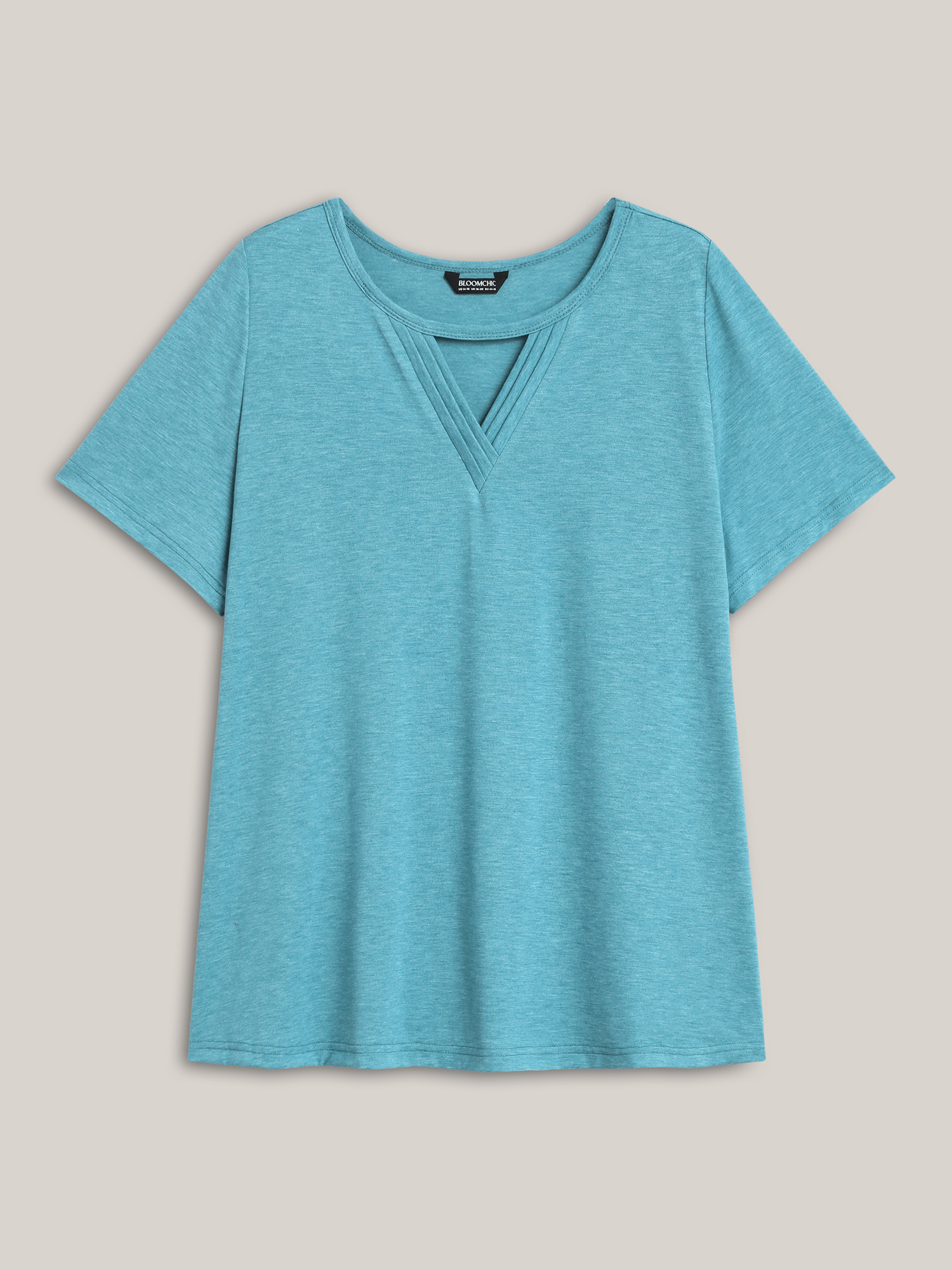 

Plus Size Heathered Split Neck Curvy-Fit T-Shirt Teal Women Casual Pleated Notched collar Everyday T-shirts BloomChic