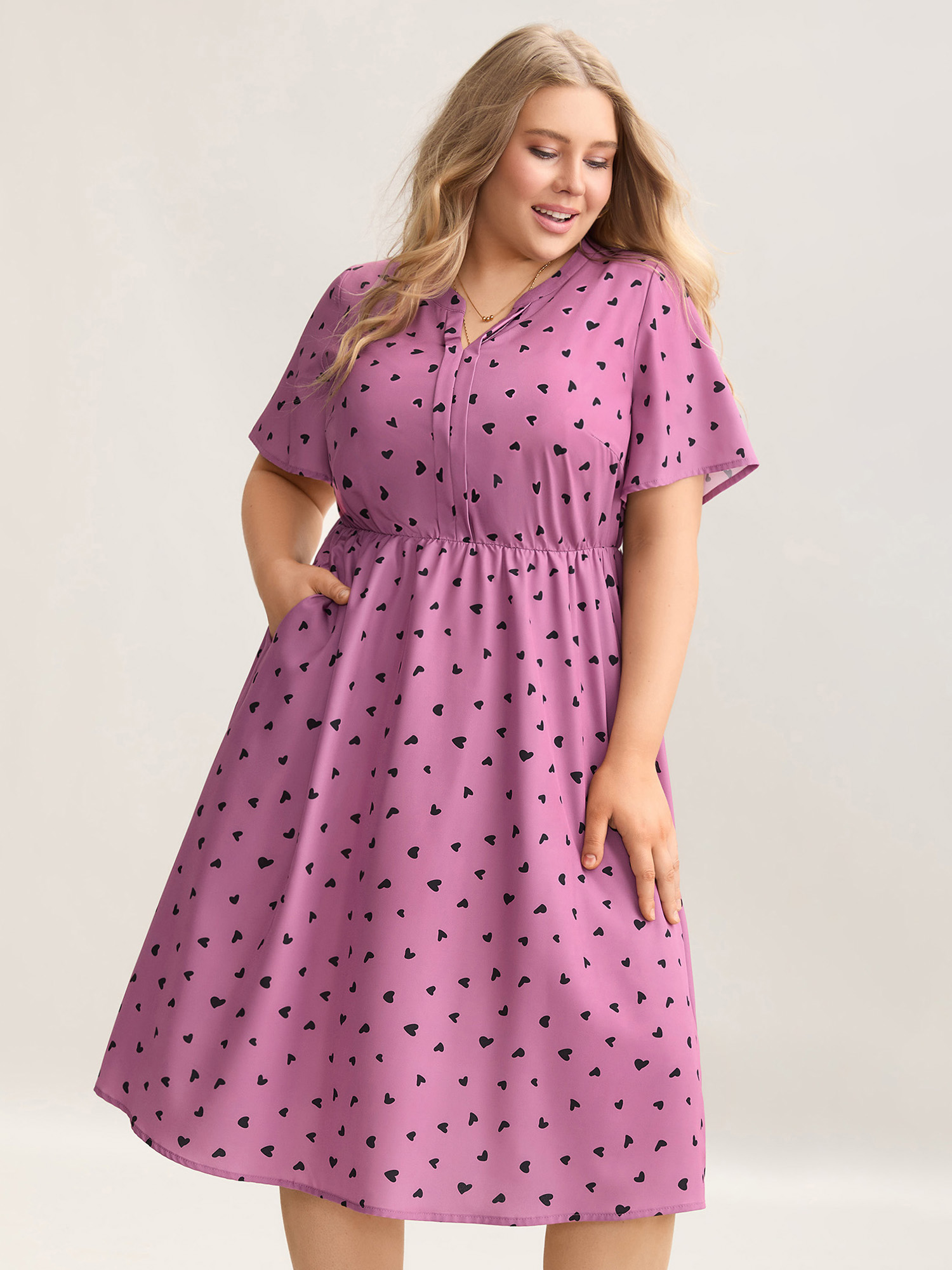 

Plus Size Ruffled Sleeve Printed Pockets Midi Dress Lilac Women Elegant Tucked seam Notched collar Short sleeve Curvy BloomChic