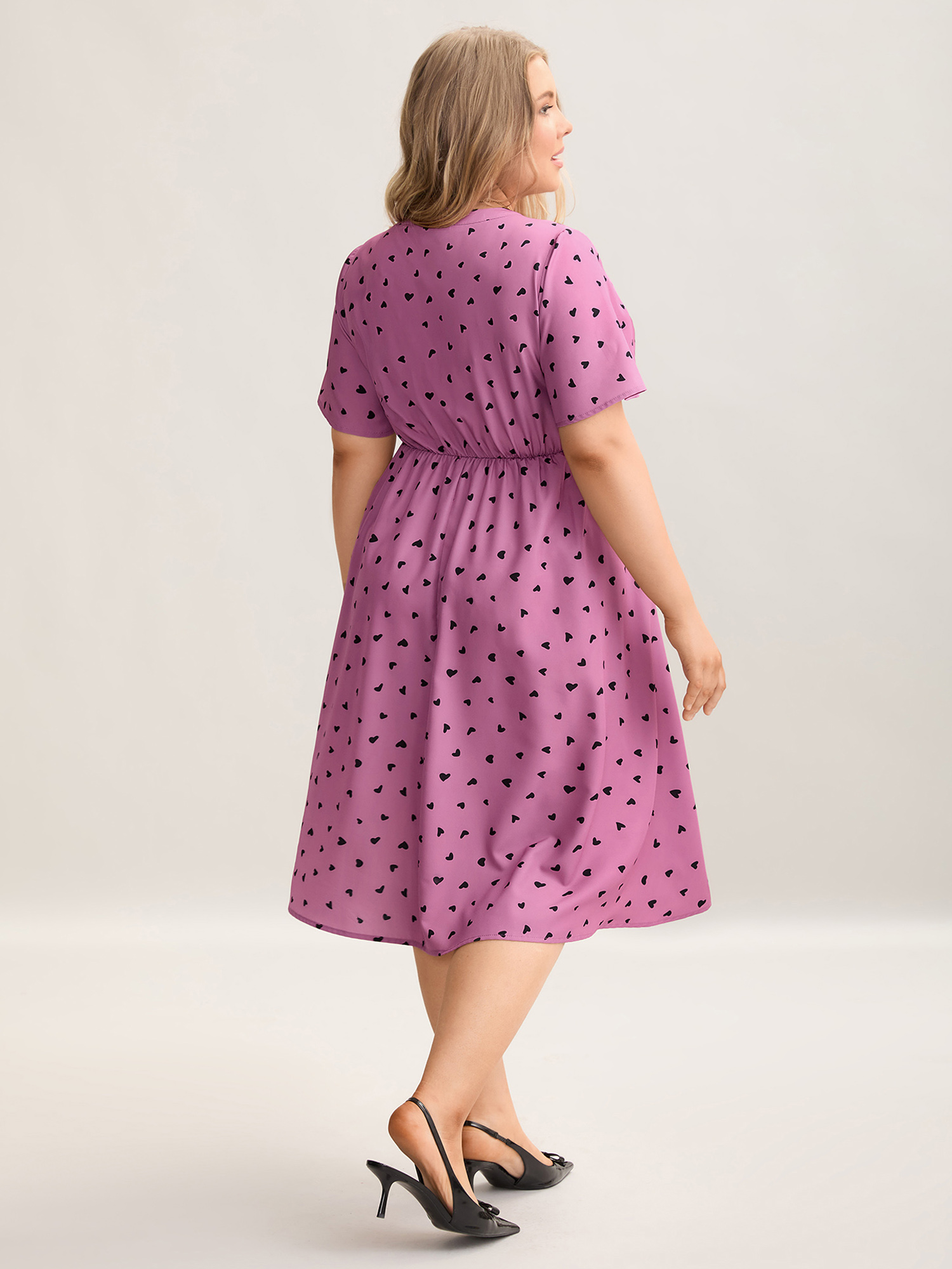 Plus Size Ruffled Sleeve Printed Pockets Midi Dress Lilac Women Elegant Tucked seam Notched collar Short sleeve Curvy BloomChic 22-24/3X 