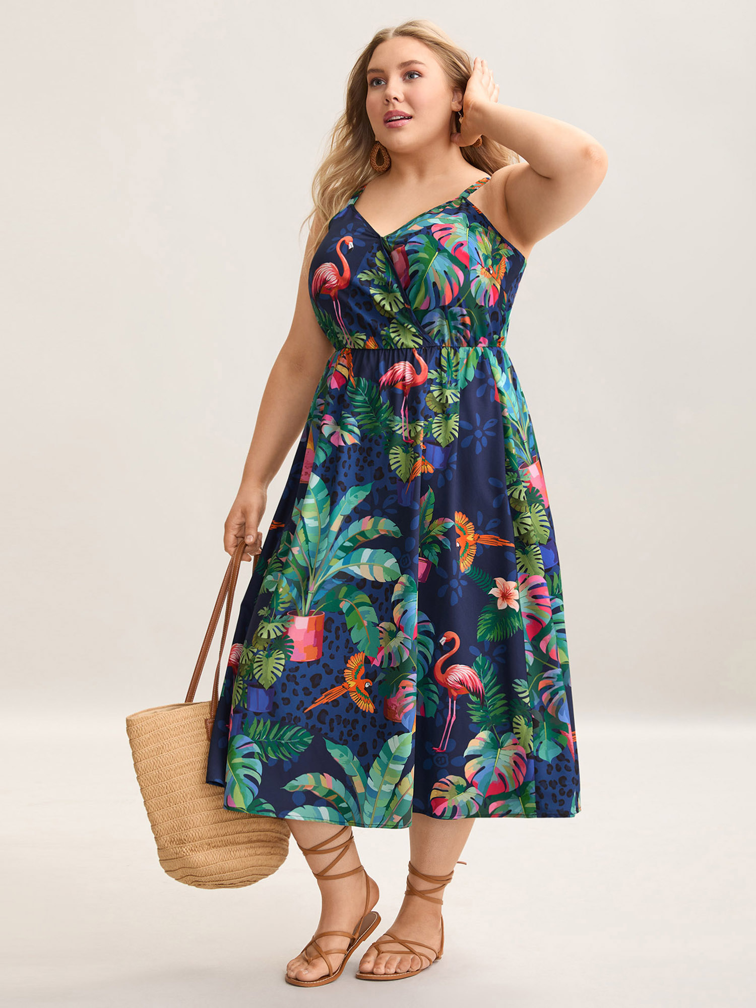 

Plus Size Tropical Pattern Surplice Pockets Midi Dress DarkBlue Women Resort Non Overlap Collar Sleeveless Curvy BloomChic