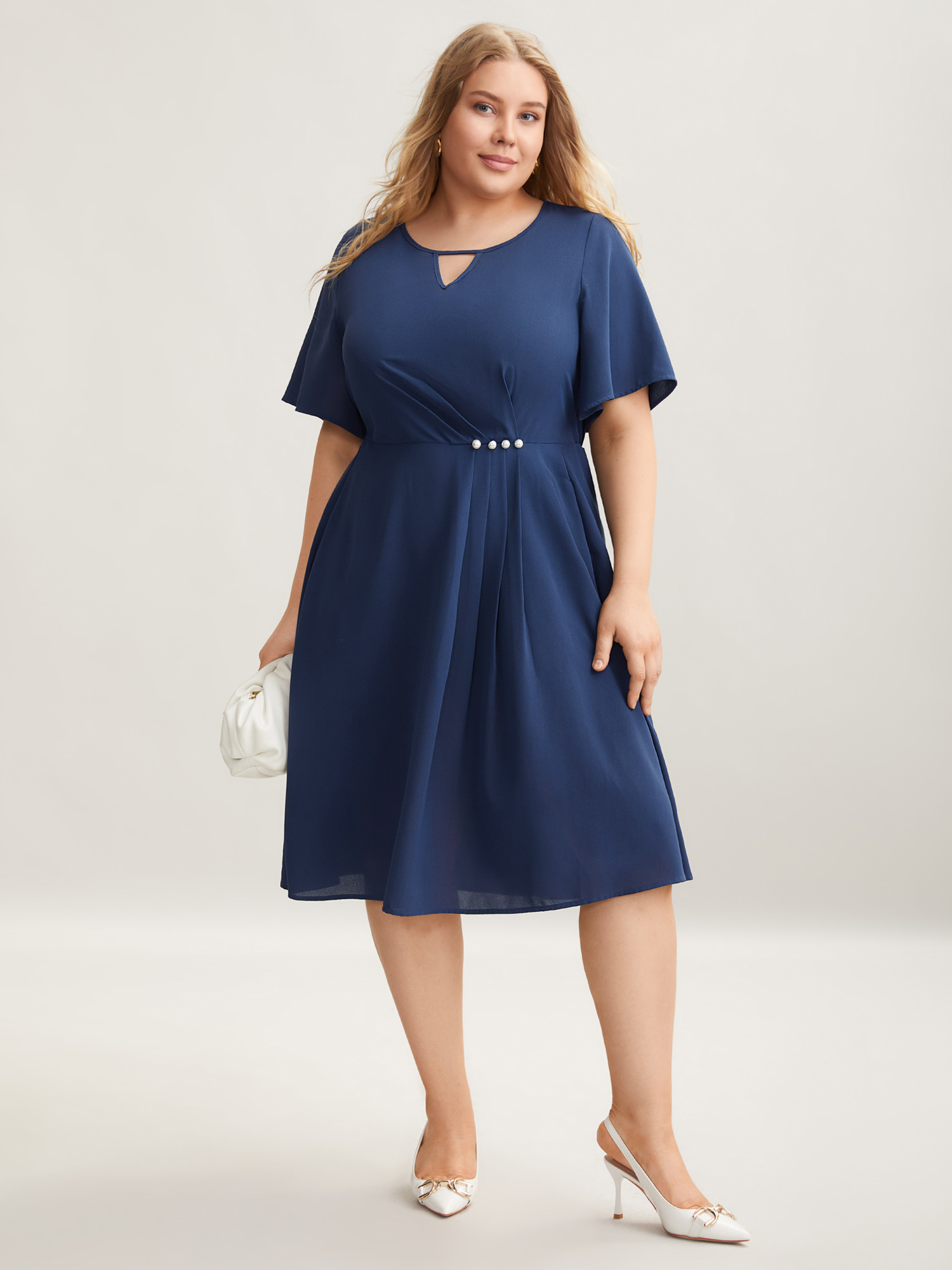 

Plus Size Neck Cut-Out Pearl Button Pleated Dress Navy Women At the Office Beaded V-neck Short sleeve Curvy BloomChic