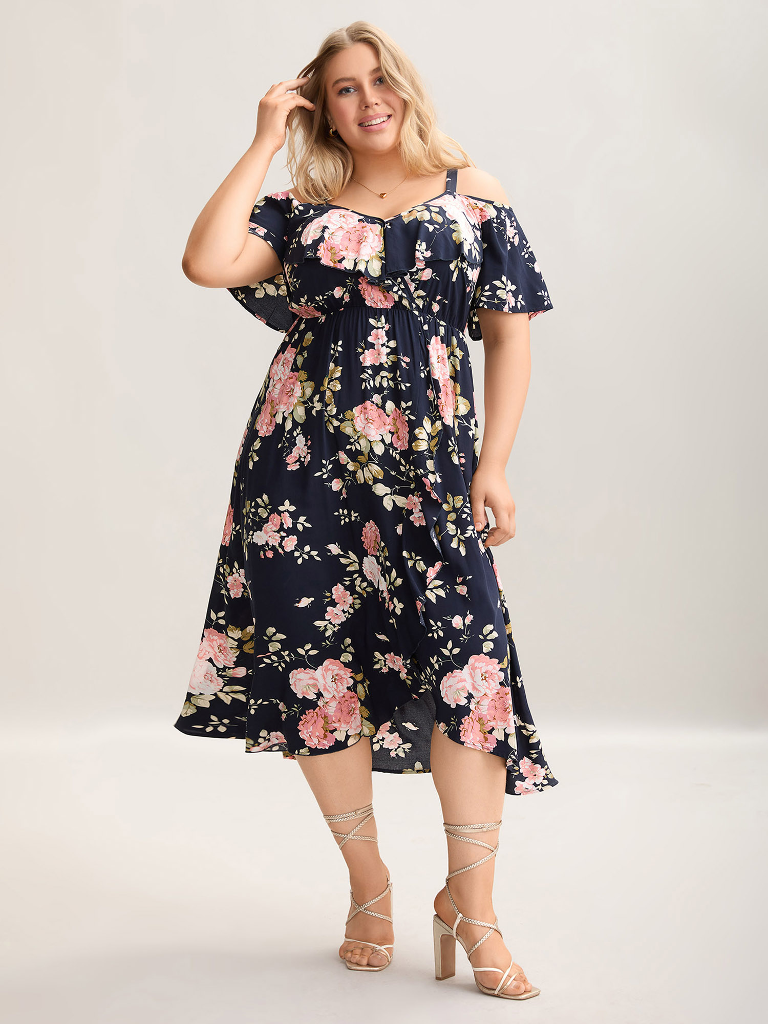 

Plus Size Ruffled Neck Off-Shoulder Floral Midi Dress Navy Women Casual Ruffles V-neck Short sleeve Curvy BloomChic