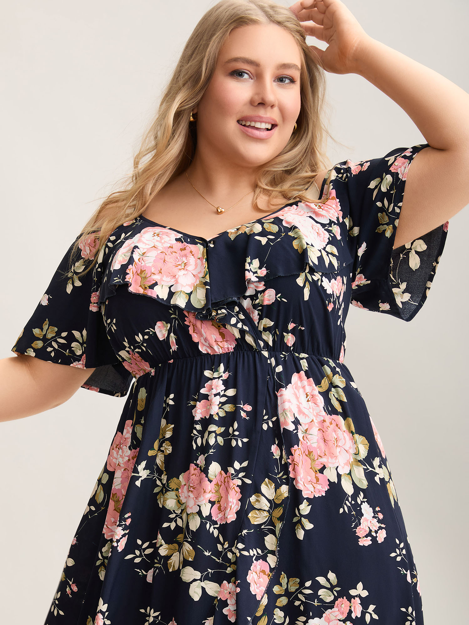 

Plus Size Ruffled Neck Off-Shoulder Floral Midi Dress Navy Women Casual Ruffles V-neck Short sleeve Curvy BloomChic