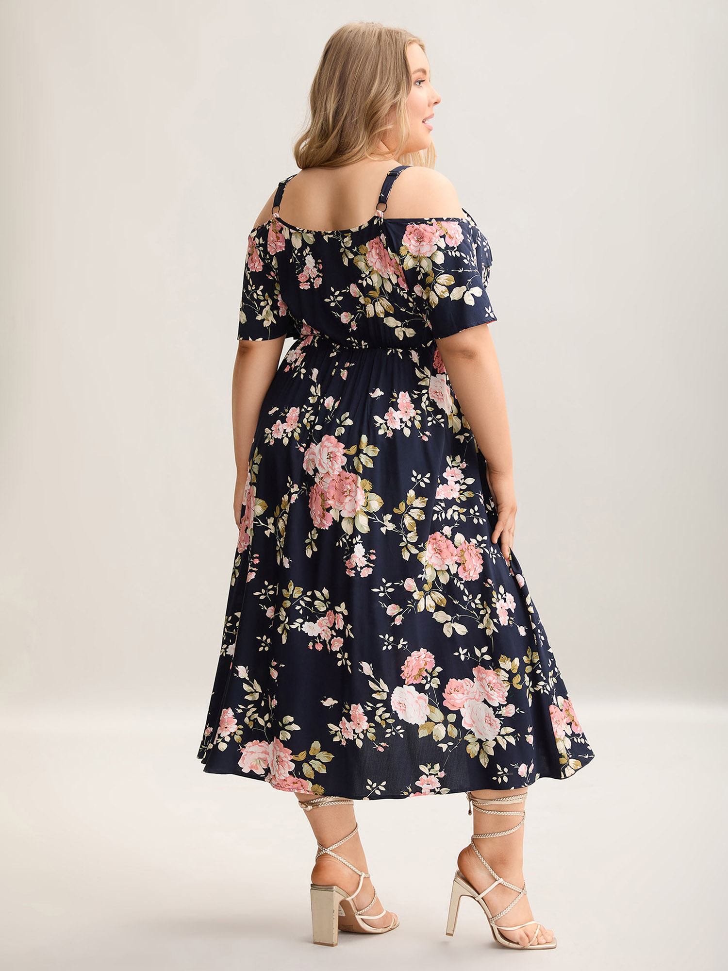 Plus Size Ruffled Neck Off-Shoulder Floral Midi Dress Navy Women Casual Ruffles V-neck Short sleeve Curvy BloomChic 10/M 