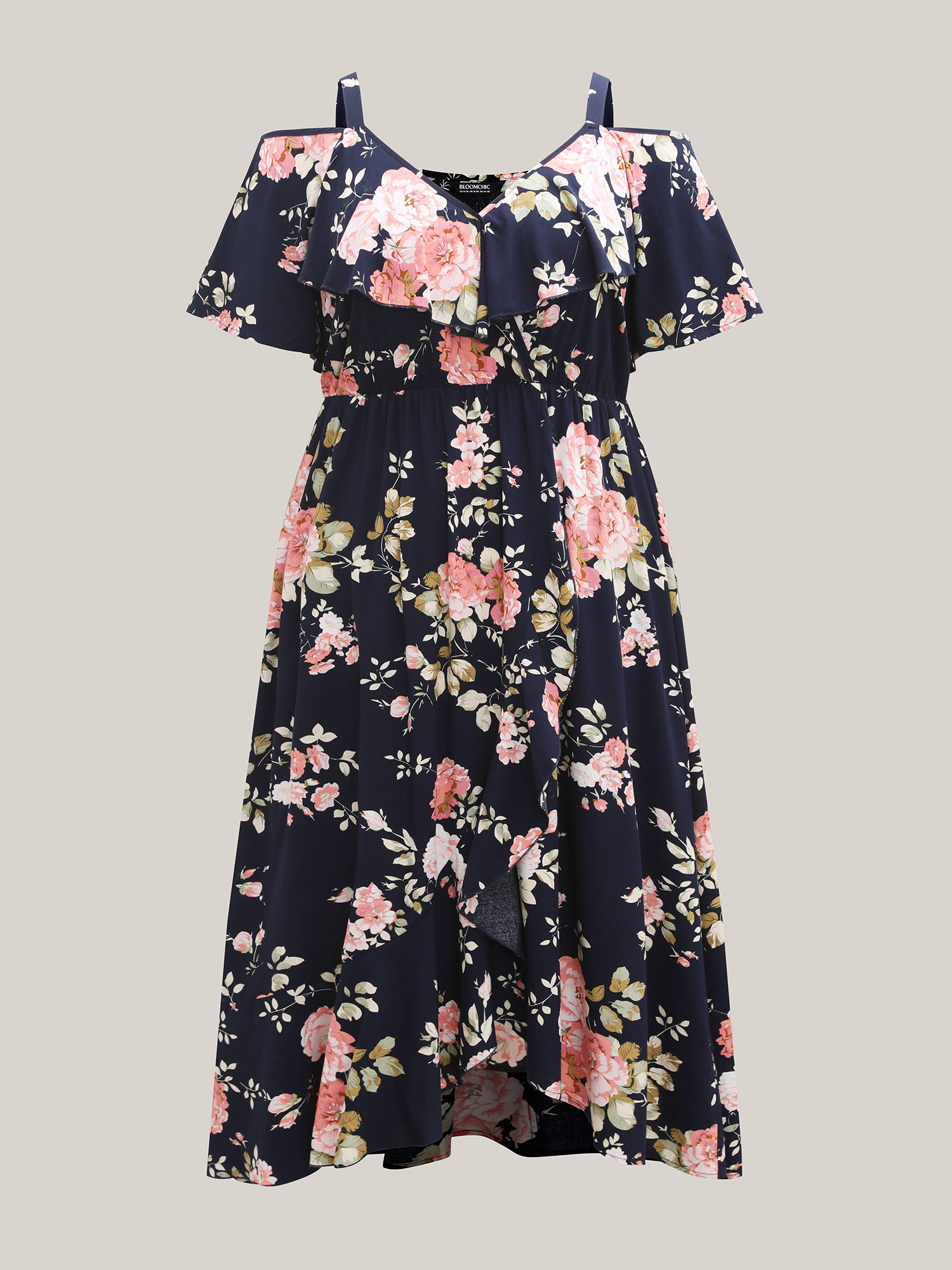 Plus Size Ruffled Neck Off-Shoulder Floral Midi Dress Navy Women Casual Ruffles V-neck Short sleeve Curvy BloomChic 10/M 
