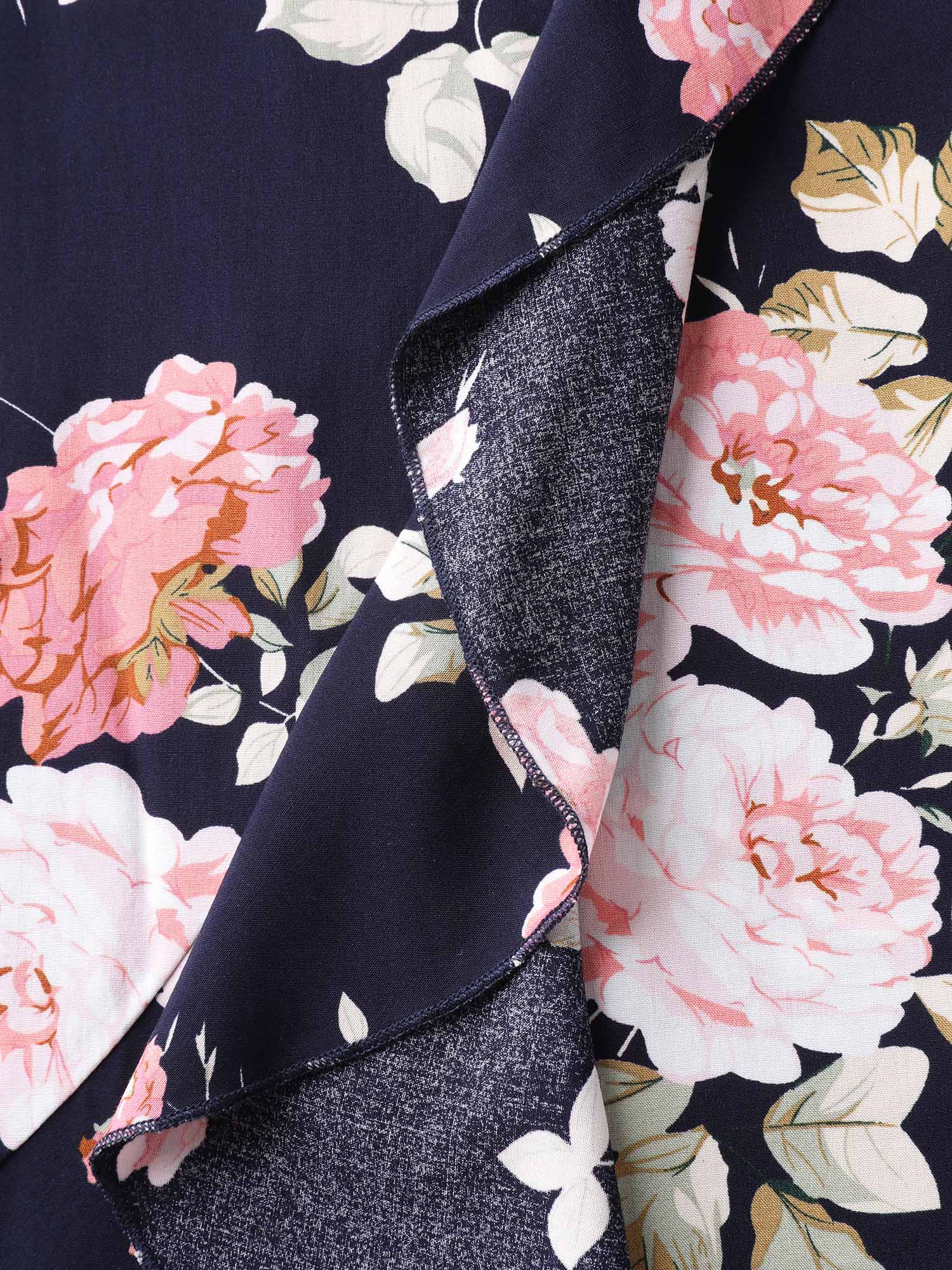 Plus Size Ruffled Neck Off-Shoulder Floral Midi Dress Navy Women Casual Ruffles V-neck Short sleeve Curvy BloomChic 10/M 