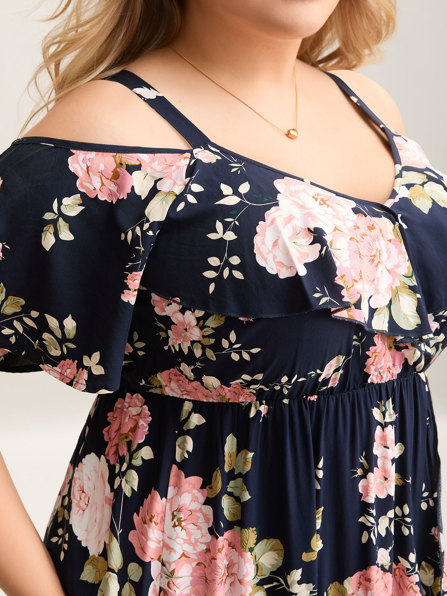 Plus Size Ruffled Neck Off-Shoulder Floral Midi Dress Navy Women Casual Ruffles V-neck Short sleeve Curvy BloomChic 10/M 