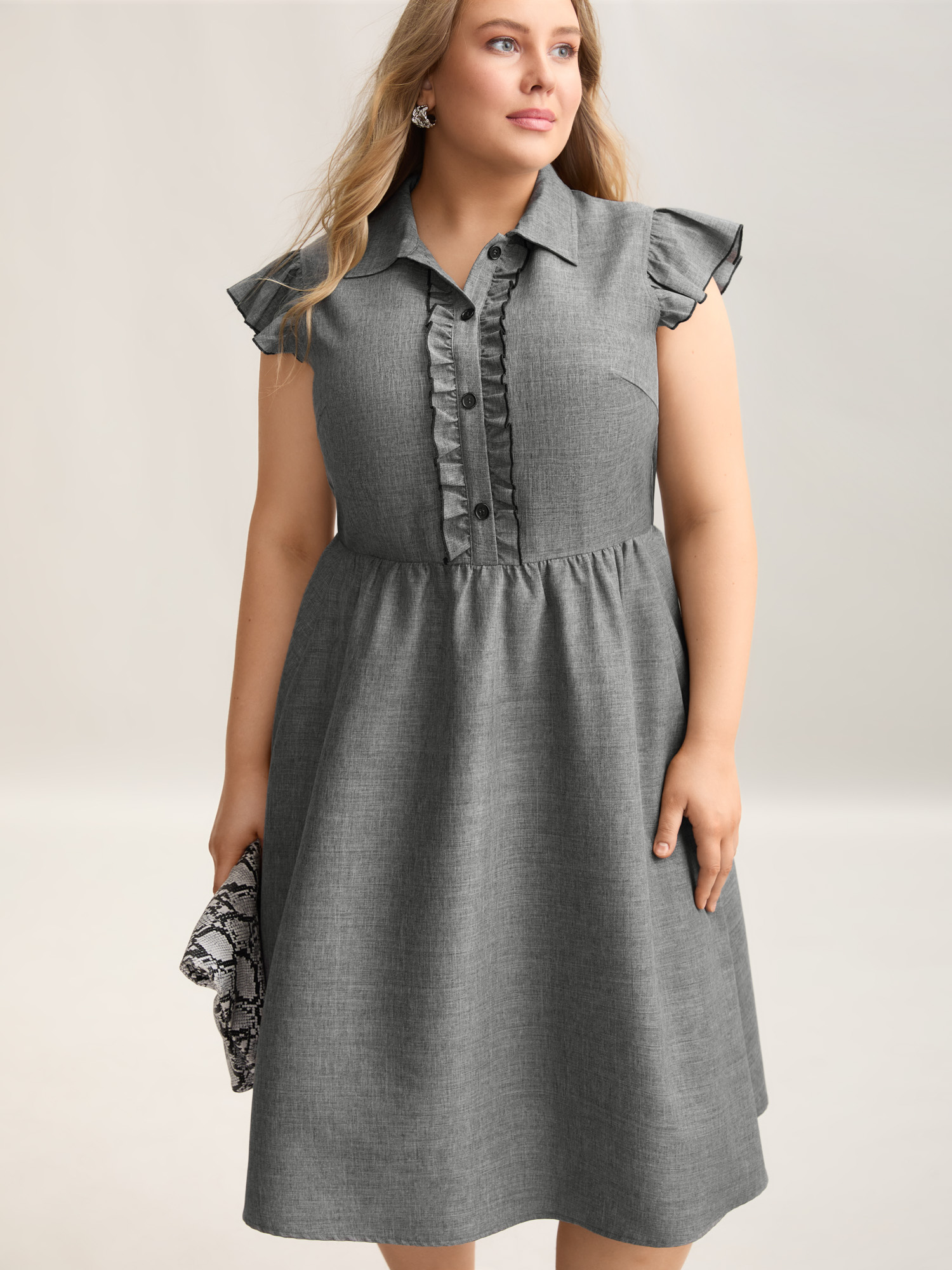 

Plus Size Ruffled Trim Shirt Collar Flared Midi Dress DarkGray Women At the Office Frill Trim Shirt collar Cap Sleeve Curvy BloomChic