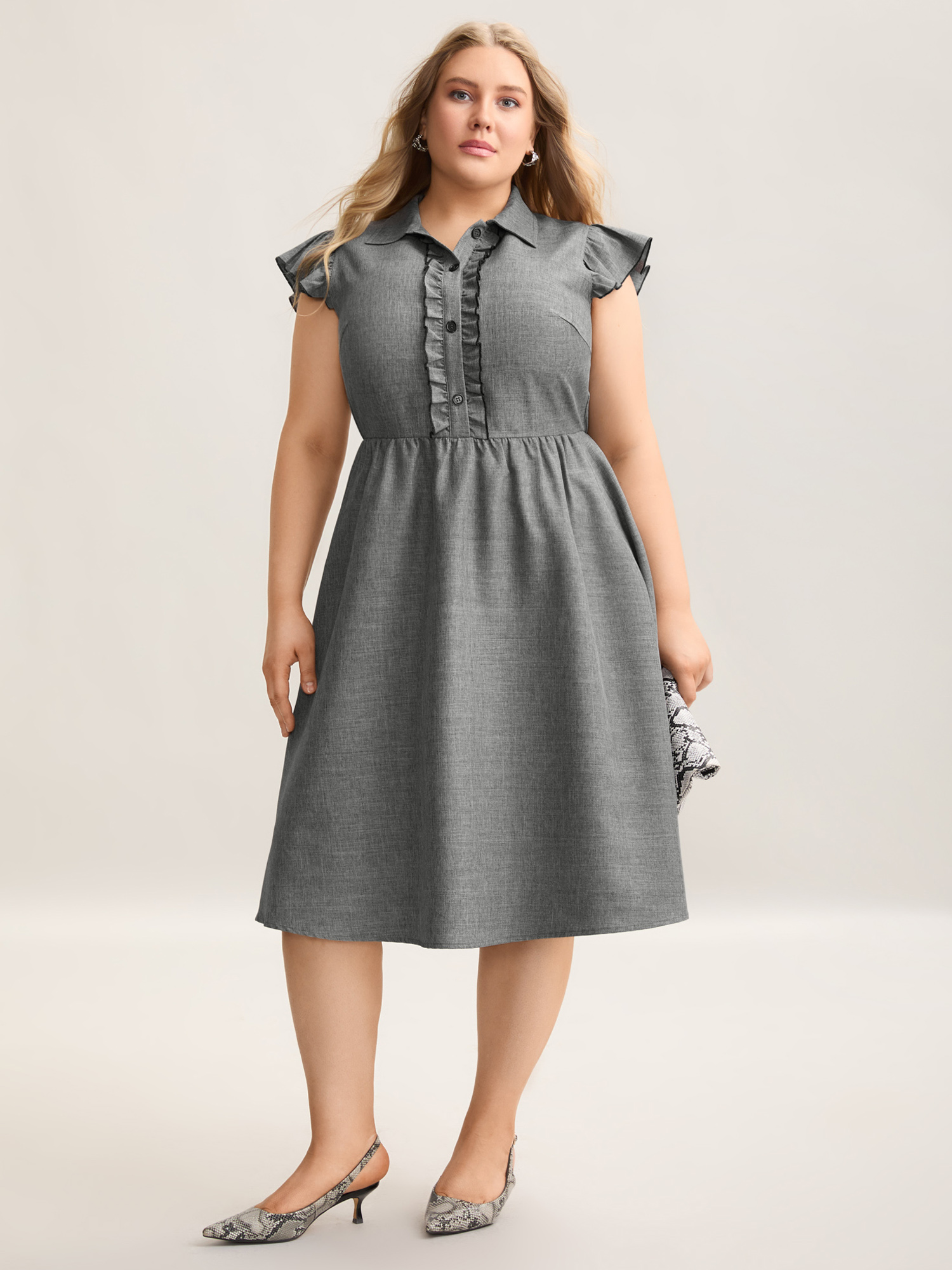 Plus Size Ruffled Trim Shirt Collar Flared Midi Dress DarkGray Women At the Office Frill Trim Shirt collar Cap Sleeve Curvy BloomChic 14-16/1X 
