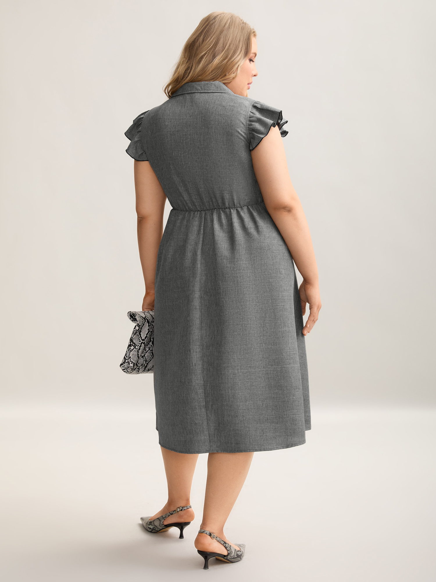 Plus Size Ruffled Trim Shirt Collar Flared Midi Dress DarkGray Women At the Office Frill Trim Shirt collar Cap Sleeve Curvy BloomChic 14-16/1X 