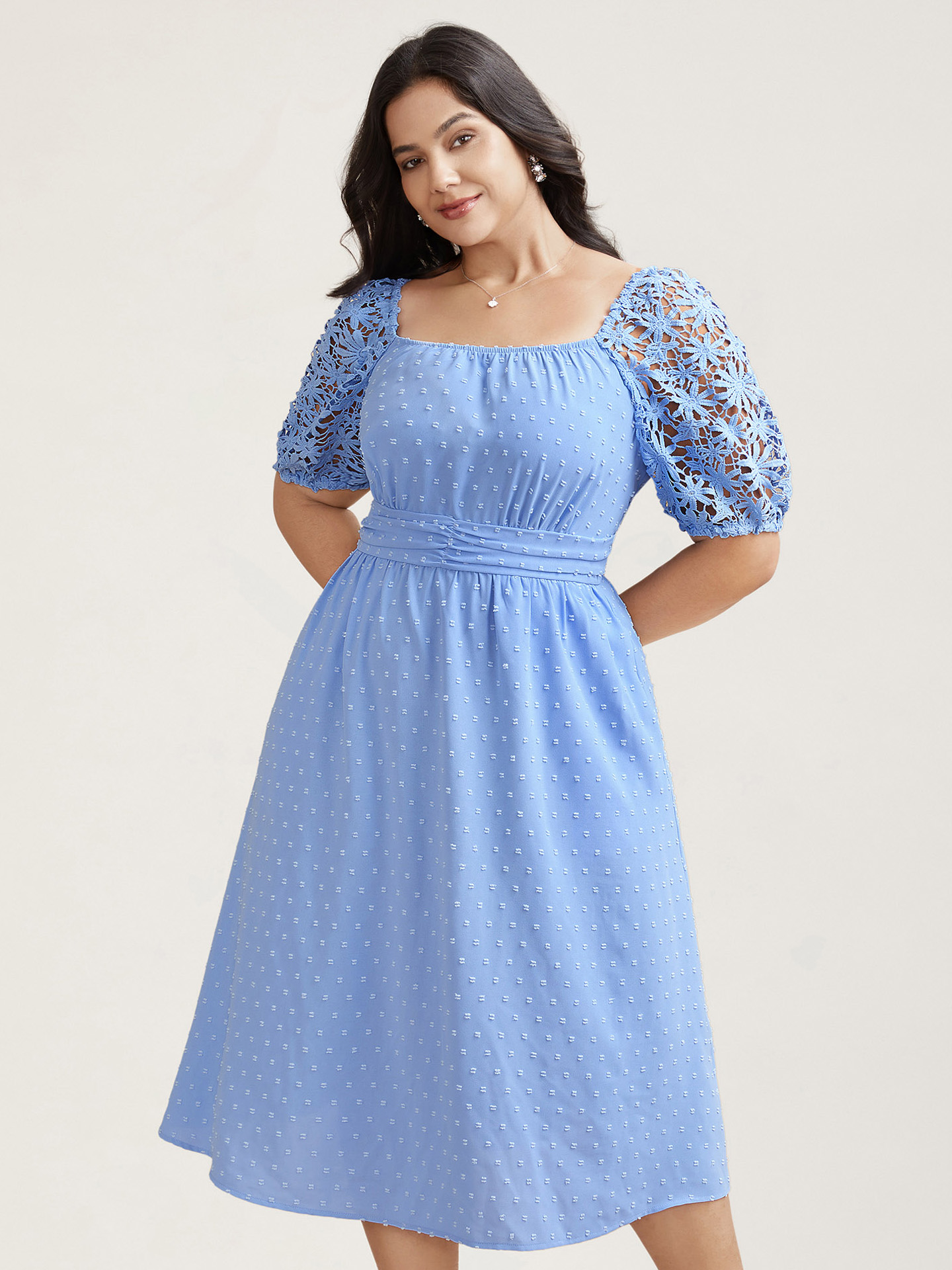 

Plus Size Textured Lace Sleeve Stretchy Waist Midi Dress Skyblue Women Elegant Woven ribbon&lace trim Square Neck Short sleeve Curvy BloomChic