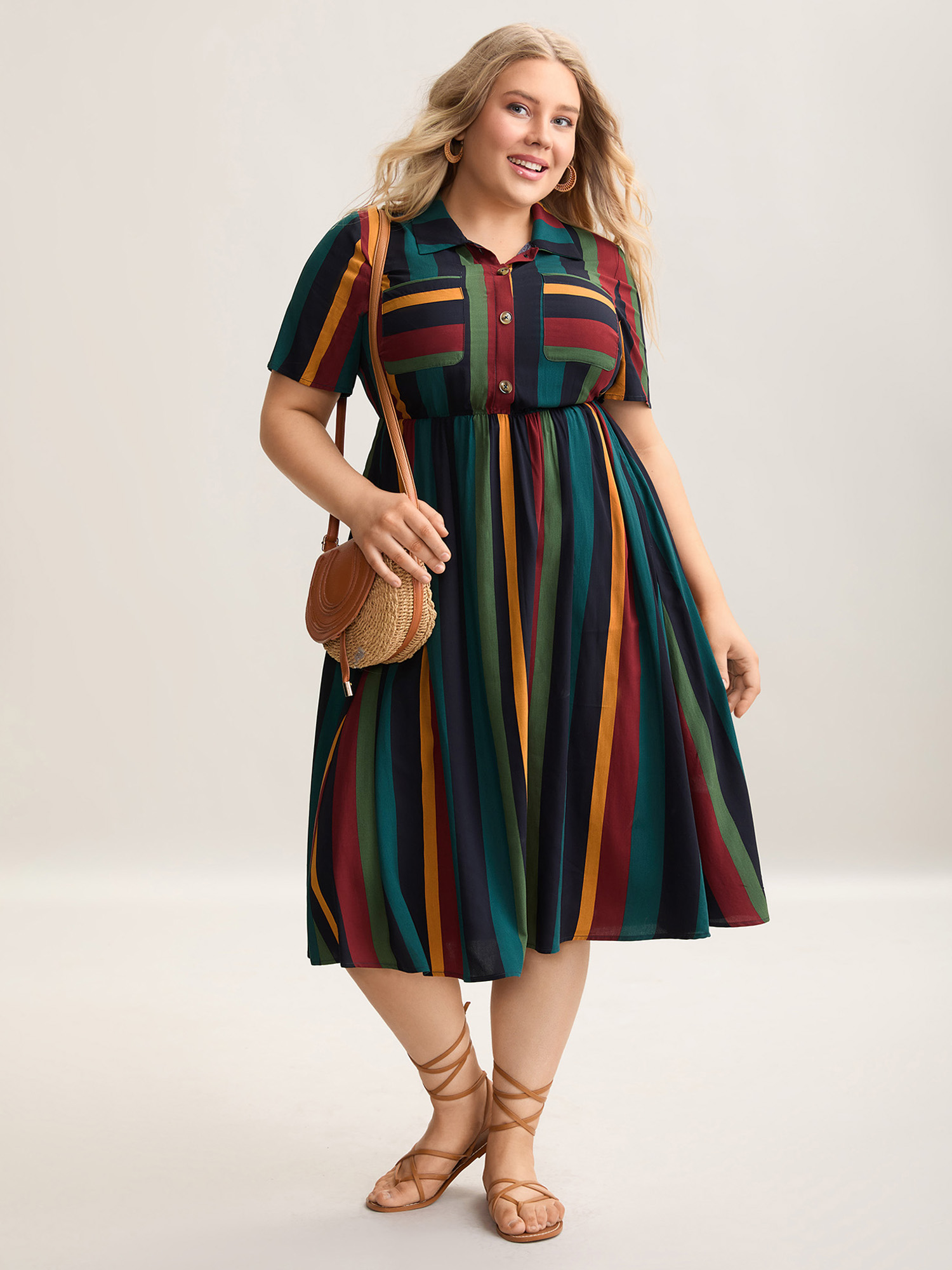 

Plus Size Multi-Color Striped Print Pockets Shirt Dress Multicolor Women Resort Button Shirt collar Short sleeve Curvy BloomChic