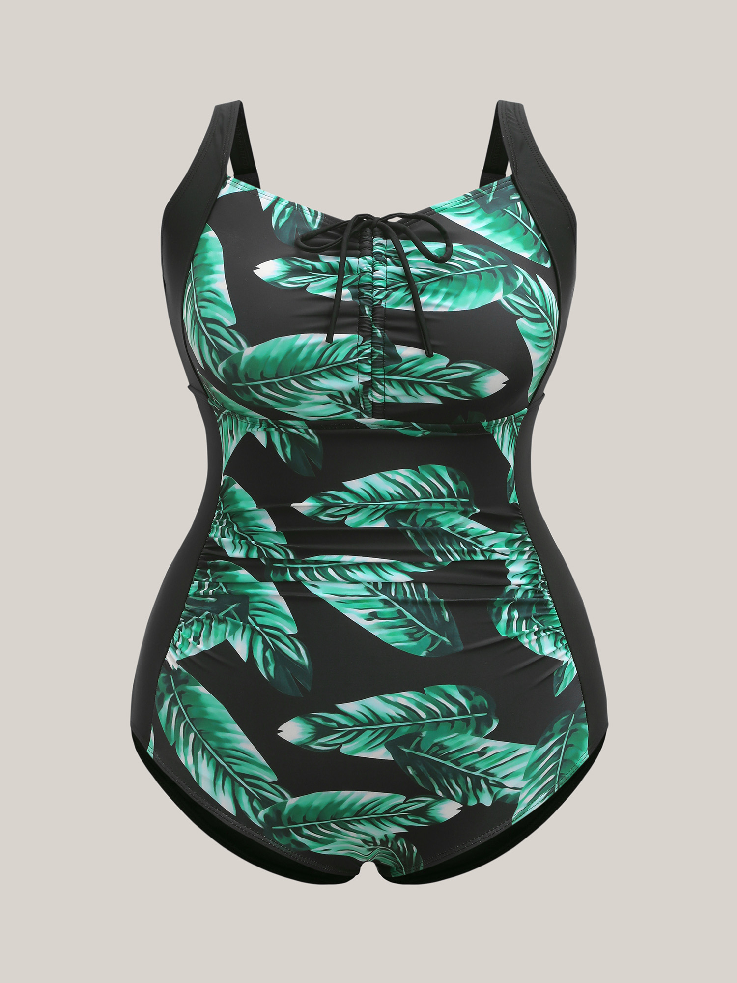 Plus Size Tropical Pattern Tied One-Piece Swimsuit Women`s Swimwear Black Beach Gathered Curve Bathing Suits High stretch One Pieces BloomChic 12/L 