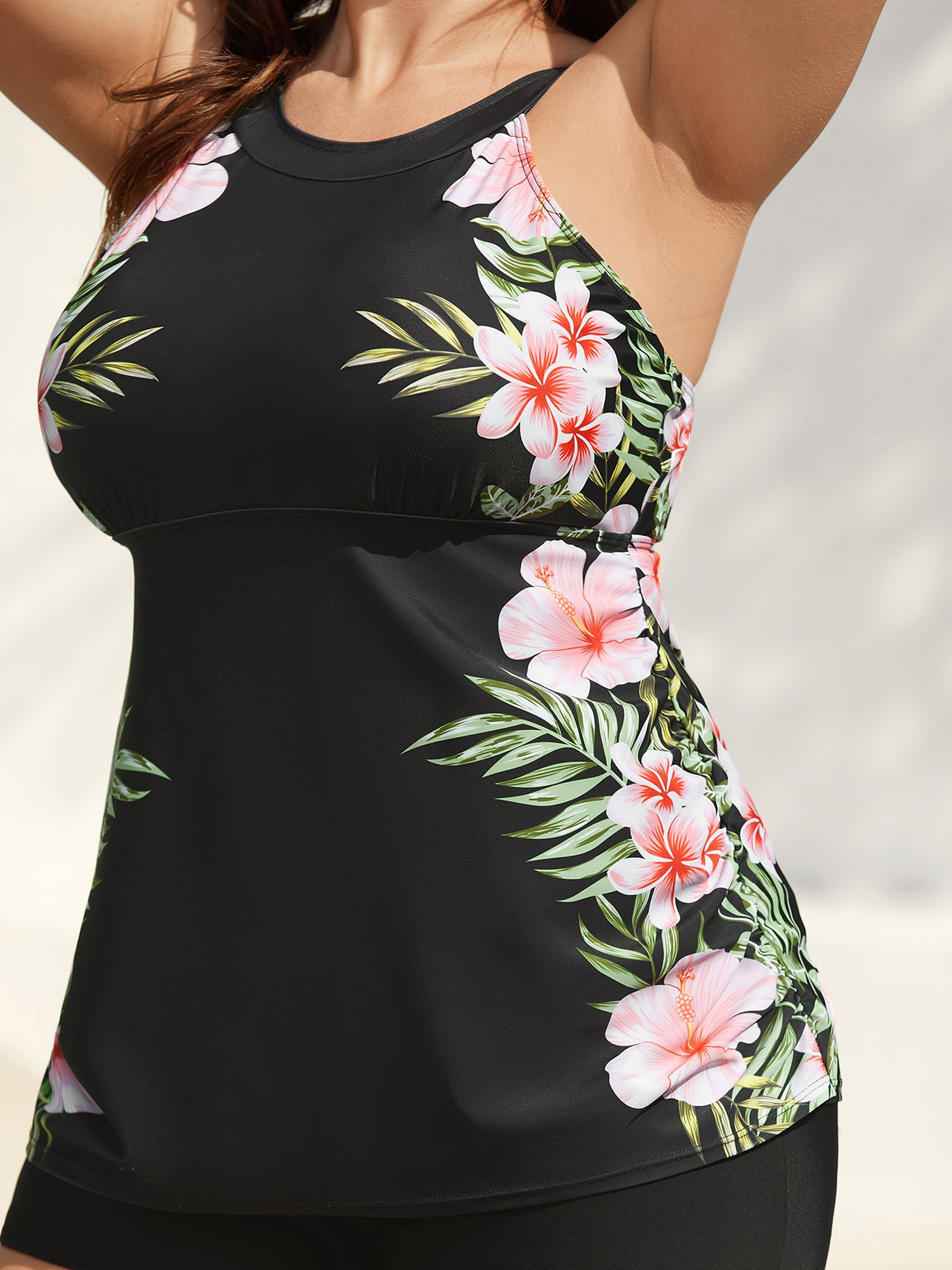 Plus Size Side Floral Pattern Round Neck Swim Top Women`s Swimwear Black Beach Gathered High stretch Skinny Halter neck Curve Swim Tops BloomChic 12/L 