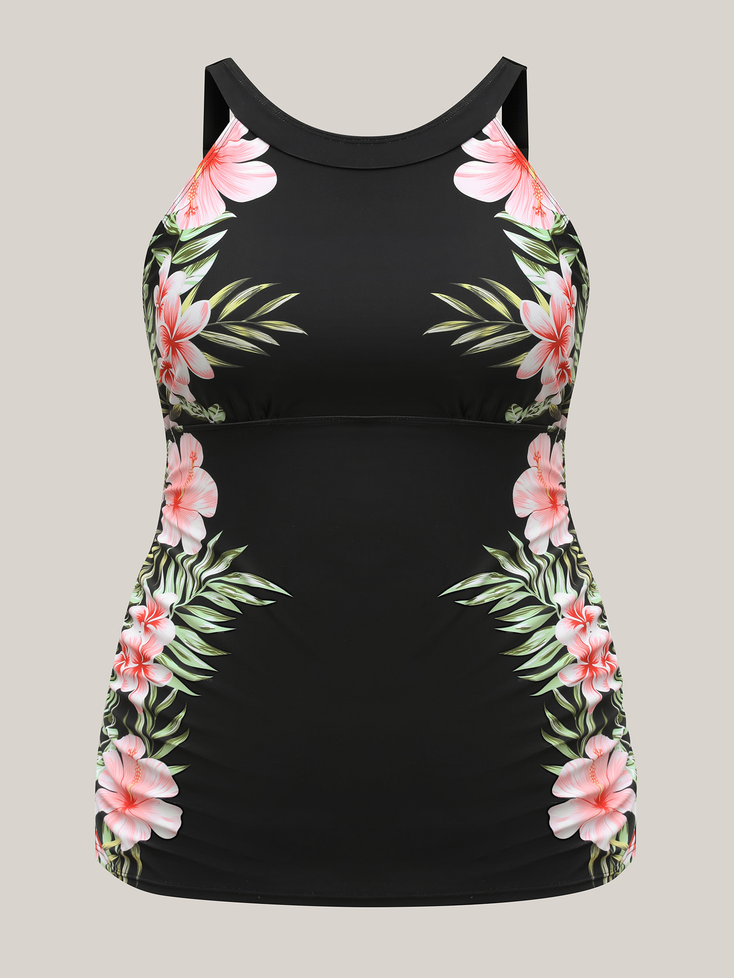 Plus Size Side Floral Pattern Round Neck Swim Top Women`s Swimwear Black Beach Gathered High stretch Skinny Halter neck Curve Swim Tops BloomChic 12/L 