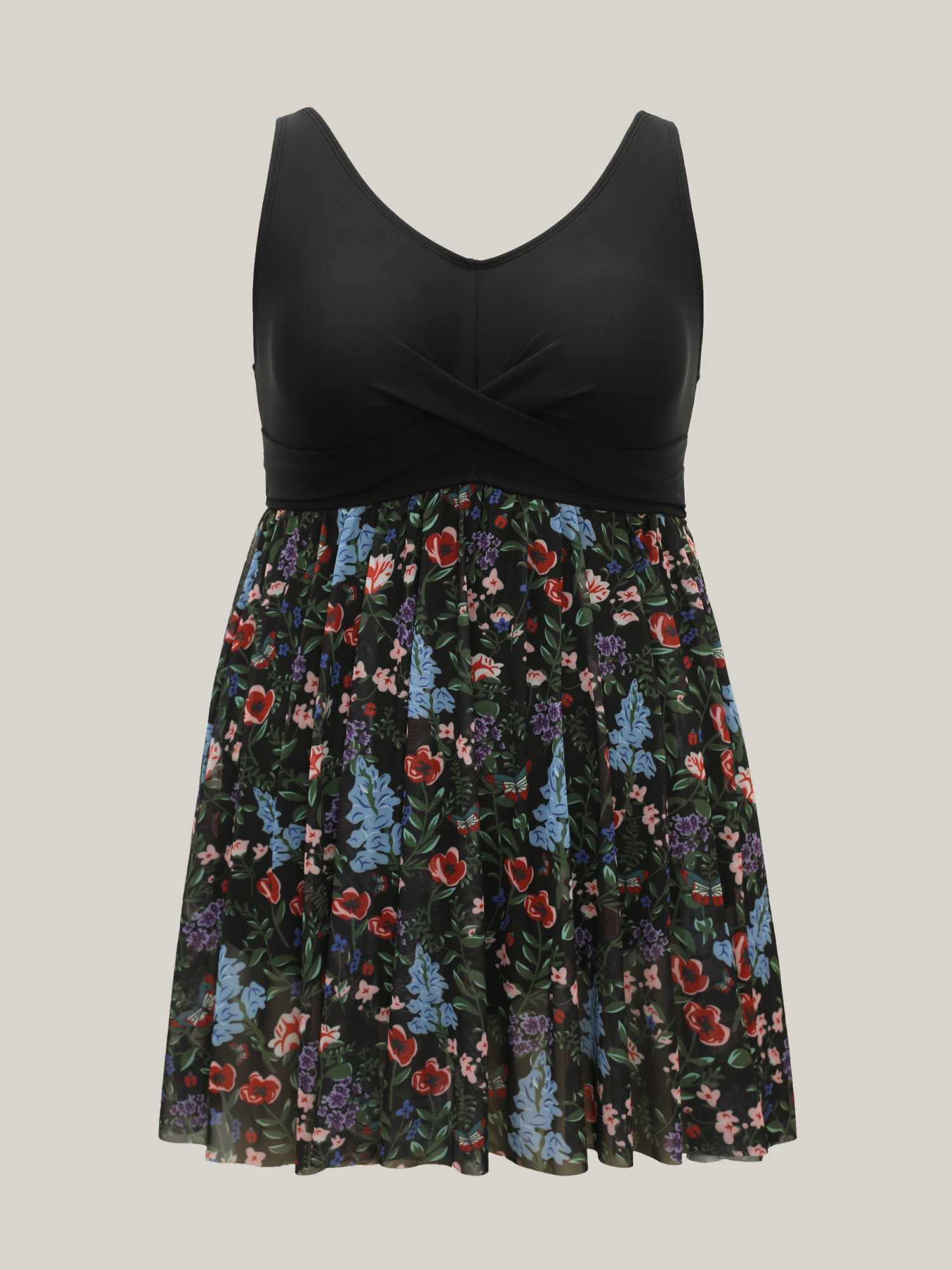 Plus Size Floral Pattern Split Adjustable Swim Dress Women`s Swimwear Black Beach Bodycon V-neck High stretch Curve Swim Dresses BloomChic 18-20/2X 
