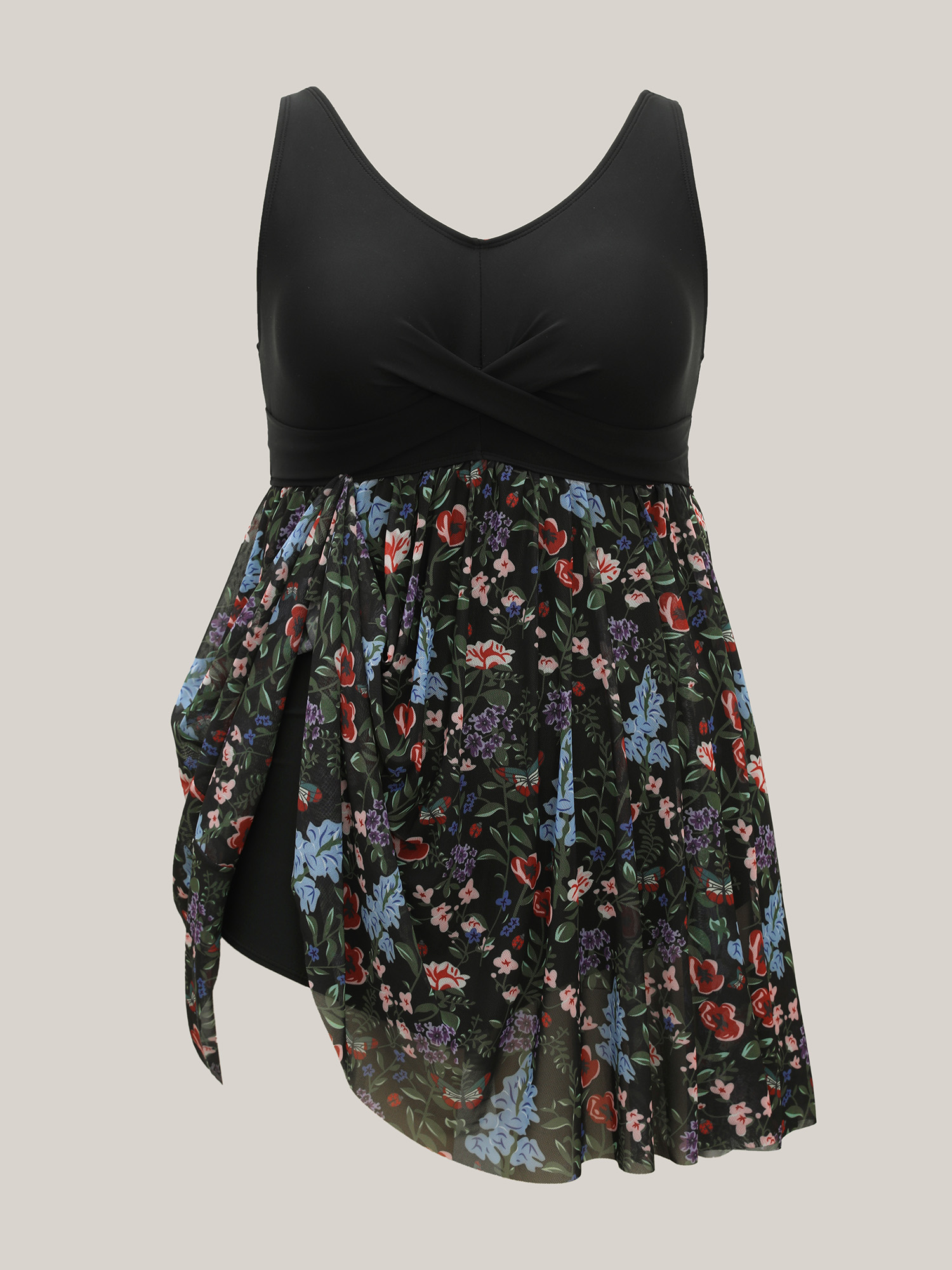 Plus Size Floral Pattern Split Adjustable Swim Dress Women`s Swimwear Black Beach Bodycon V-neck High stretch Curve Swim Dresses BloomChic 18-20/2X 