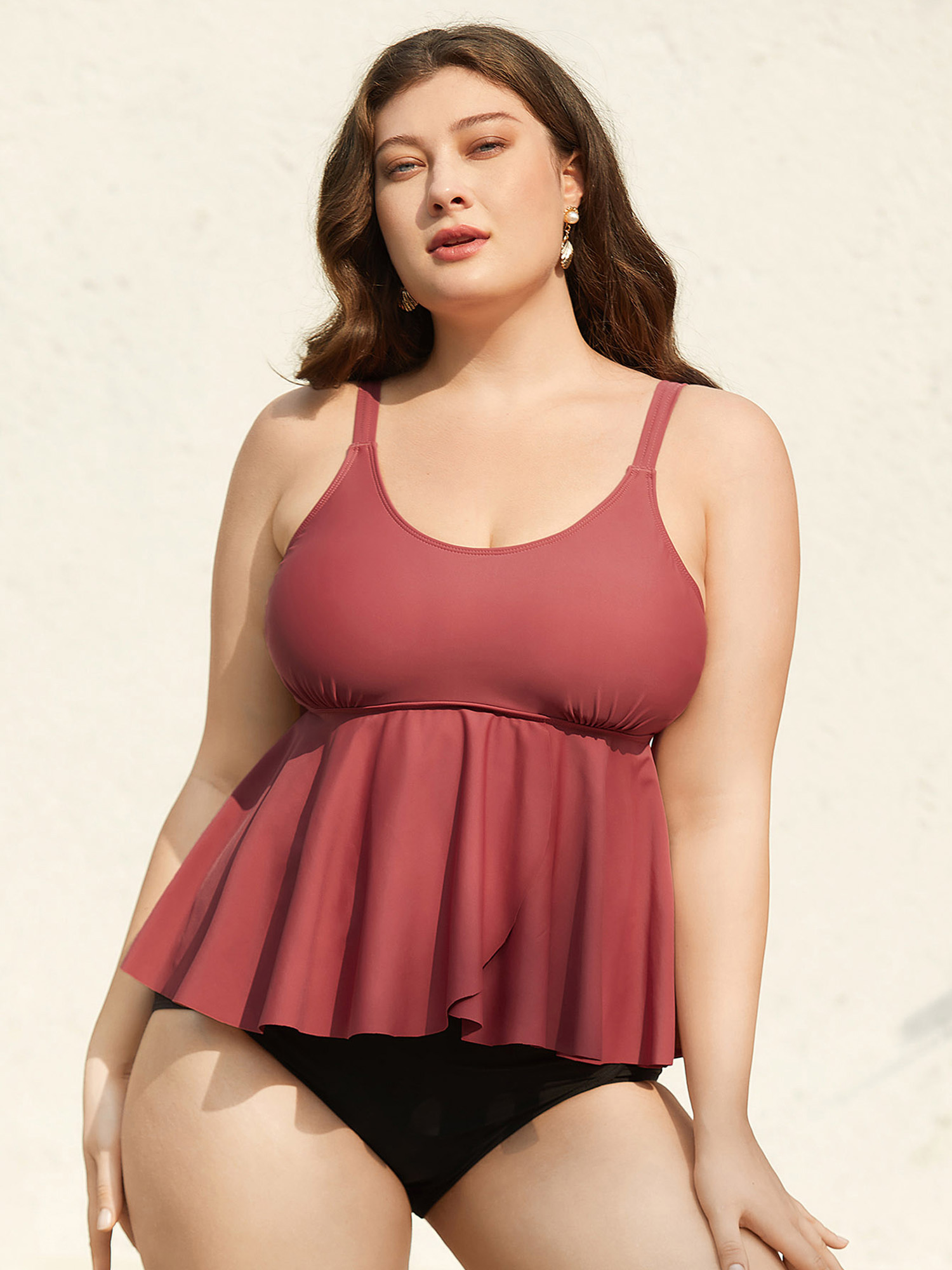 

Plus Size Curvy Split Hem Flared Swim Top Women's Swimwear Russet Beach Slit High stretch Bodycon U-neck Curve Swim Tops BloomChic