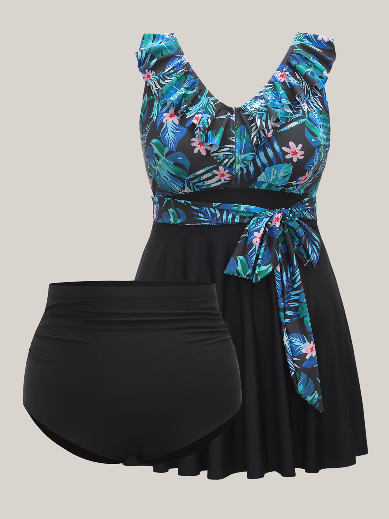 Plus Size Floral Print Spliced Ruffled Straps Swim Dress Women`s Swimwear Black Beach Bodycon V-neck High stretch Curve Swim Dresses BloomChic 26/4X 