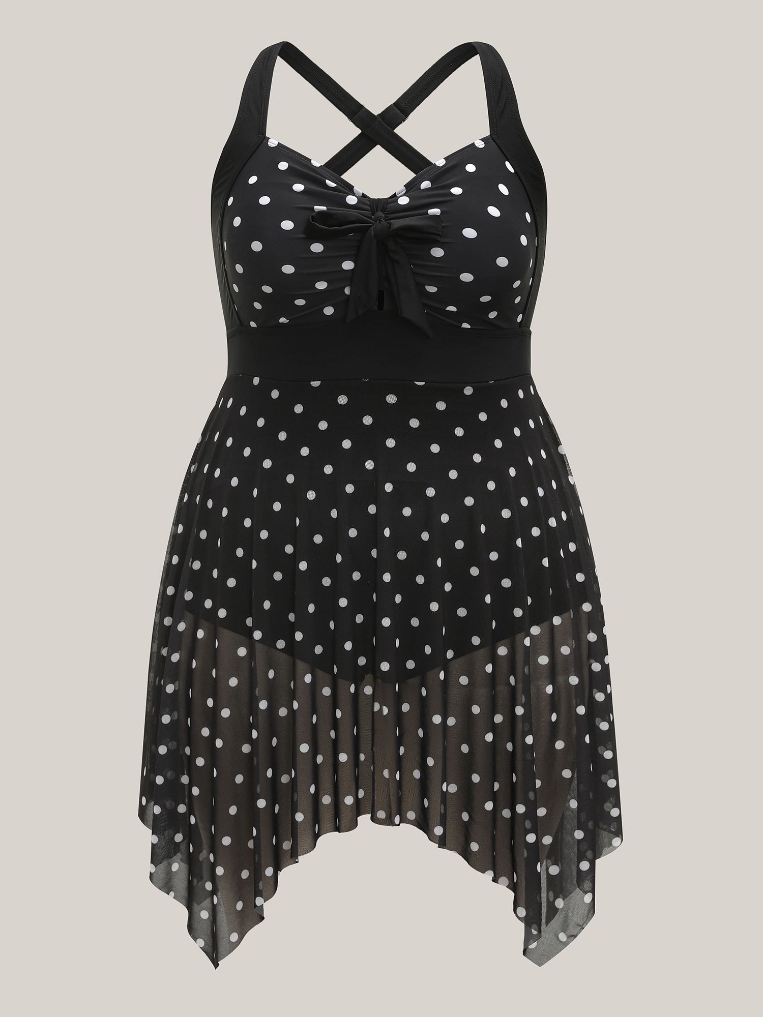 Plus Size Polka Dot Spliced Knotted Swim Dress Women`s Swimwear Black Beach Bodycon Halter neck High stretch Curve Swim Dresses BloomChic 26/4X 