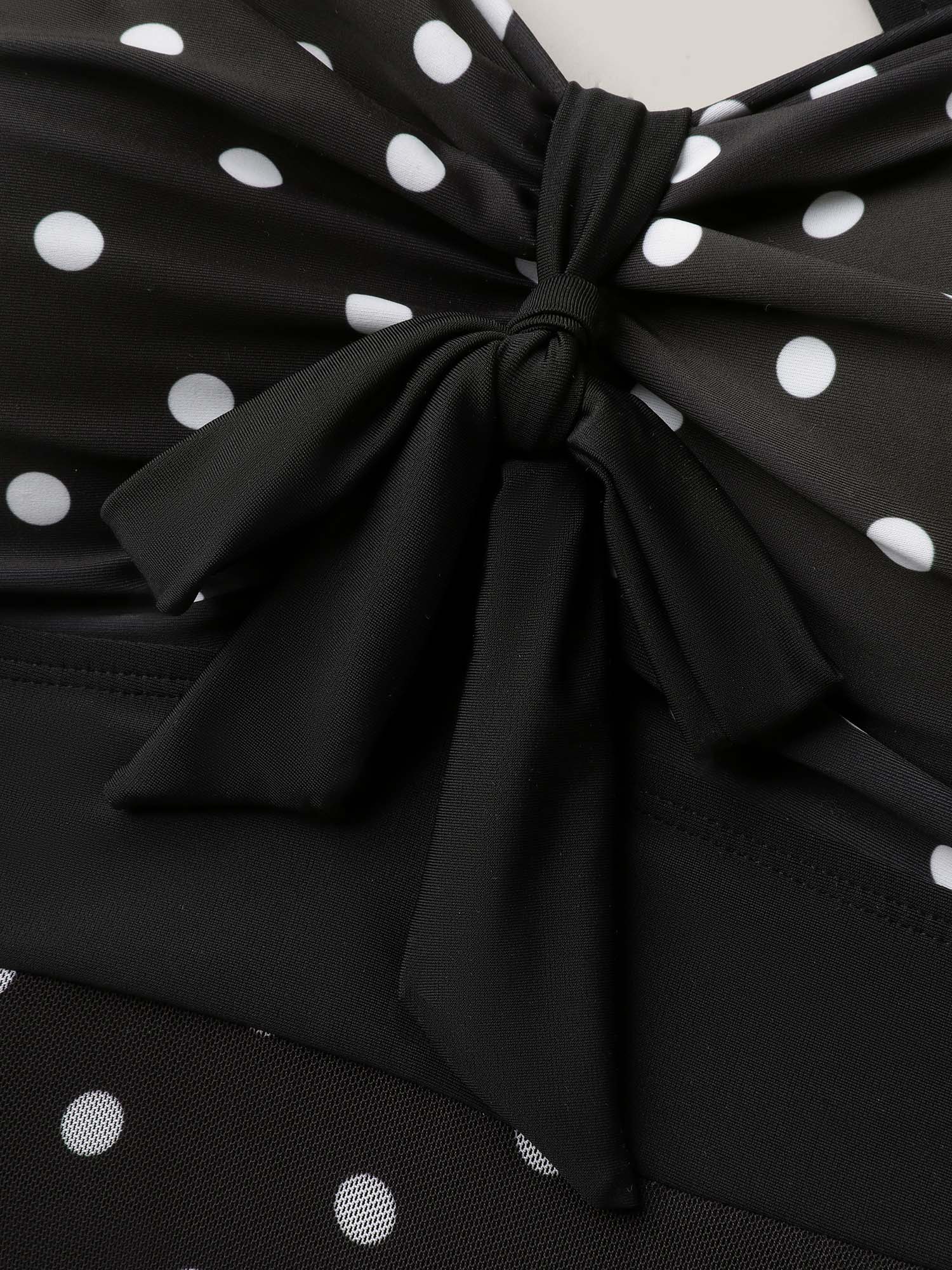 Plus Size Polka Dot Spliced Knotted Swim Dress Women`s Swimwear Black Beach Bodycon Halter neck High stretch Curve Swim Dresses BloomChic 26/4X 