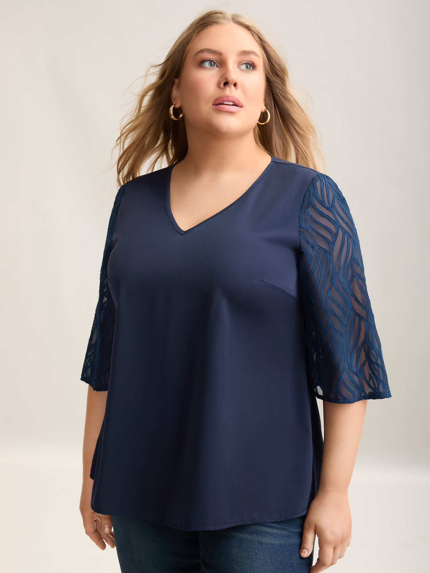 

Plus Size Indigo Sheer Mesh Sleeve Spliced V-Neck Blouse Women Elegant Elbow-length sleeve V-neck Everyday Blouses BloomChic