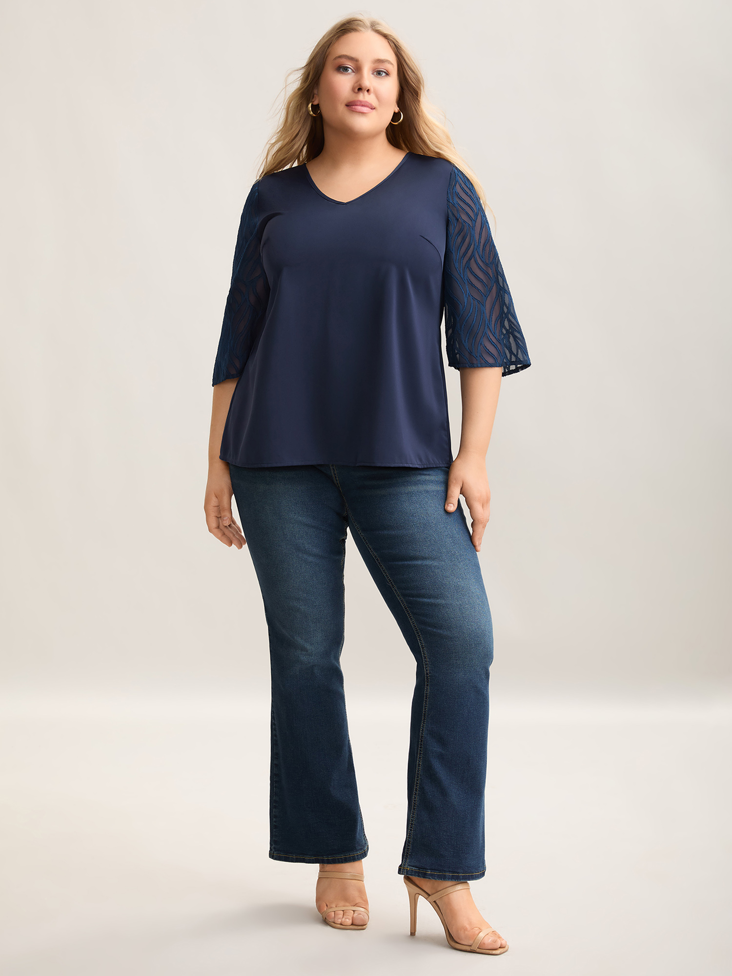 

Plus Size Indigo Sheer Mesh Sleeve Spliced V-Neck Blouse Women Elegant Elbow-length sleeve V-neck Everyday Blouses BloomChic